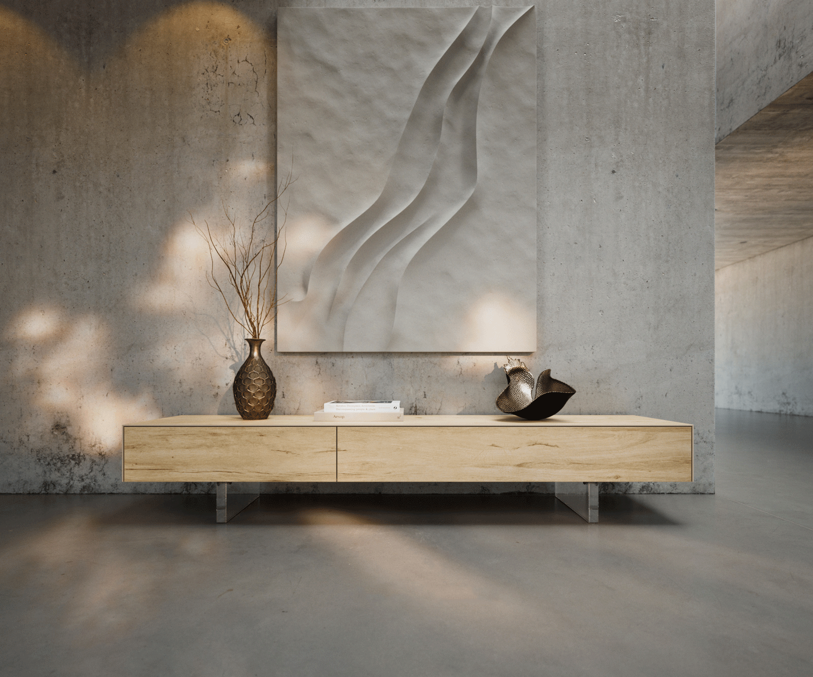 Ниска дъска Cuor 200 см Керамичен ламинат® Sabbia Дъбов цвят 1 клапа 1 чекмедже Основа Плаващ вид акрилно стъкло 3