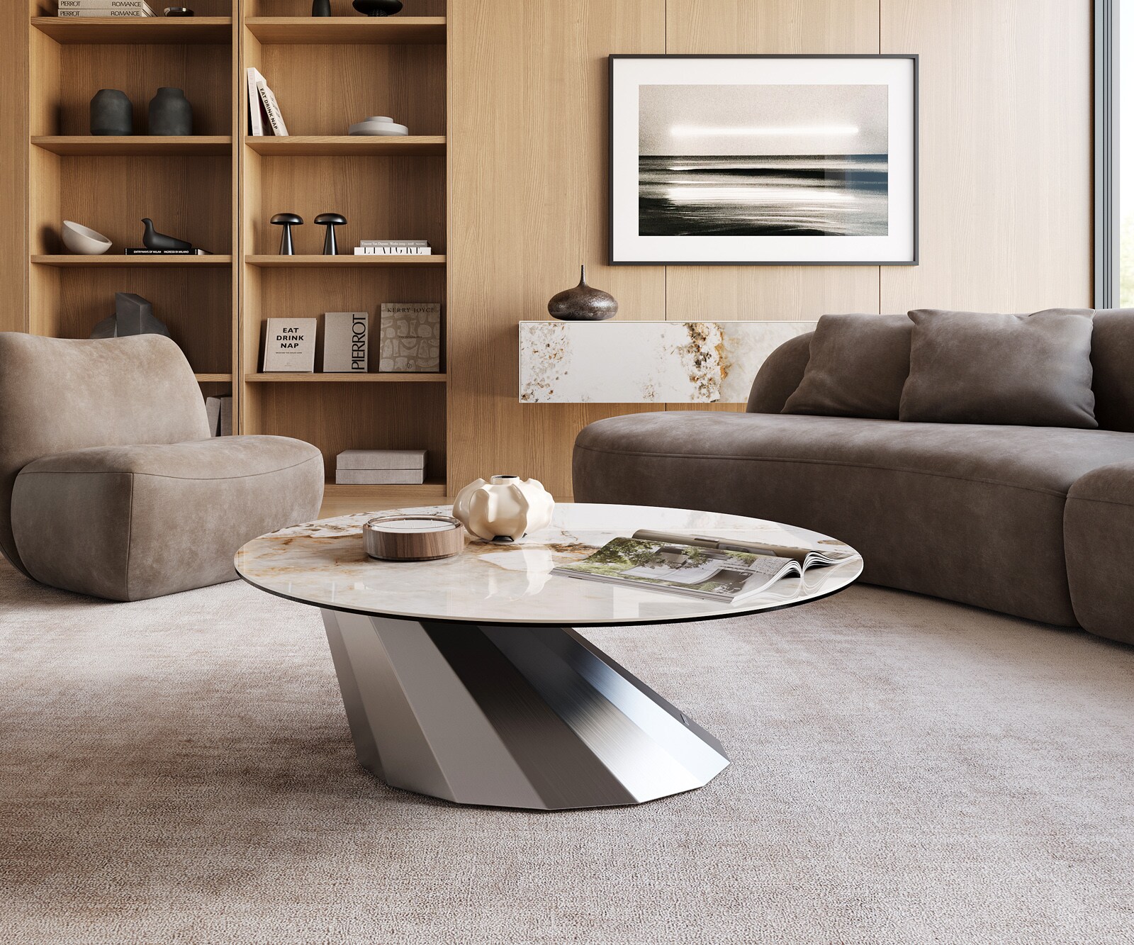 Масичка за кафе Edge, кръгла, 100x100 cm, керамика Minas Melange Parabi, матирана неръждаема стомана 2