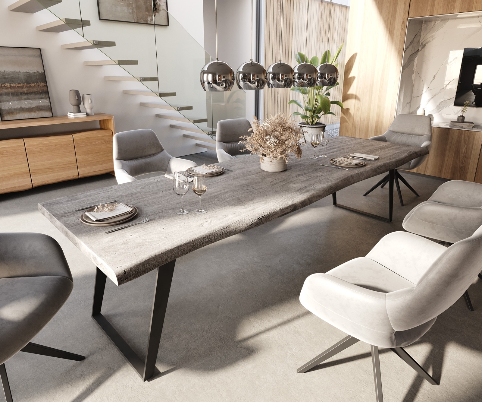 Маса 300x100 XL Акация Платинен цвят Метал под ъгъл Edge Маса 300x100 XL Акация Платинен цвят Метал под ъгъл Edge