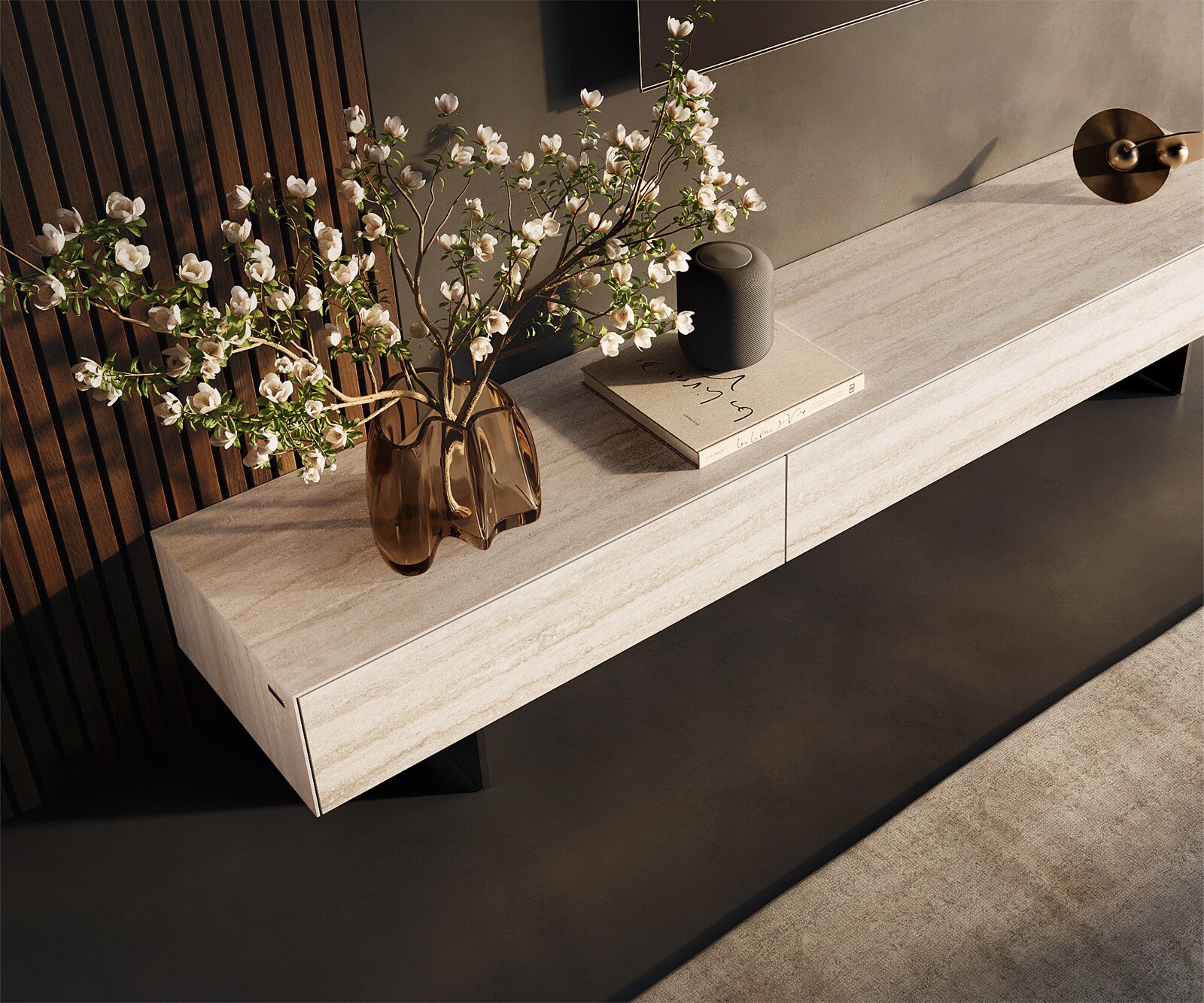 Ниска дъска Cuor 200 cm Керамичен ламинат® Travertino Bianco Крем-бяло 1 клапа 1 чекмедже Основа Окачен поглед Метал черен 4