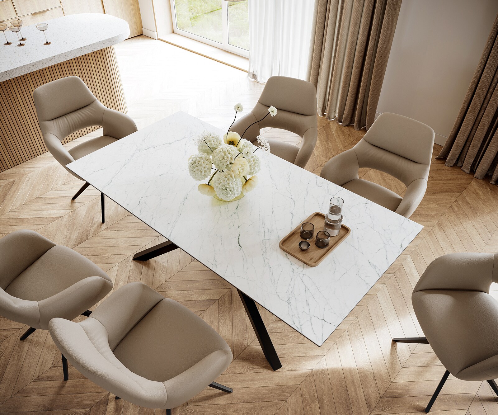 Маса 200x100cm Keramik Laminam®Statuarietto Бял среден крак Кръст Черен Edge 3