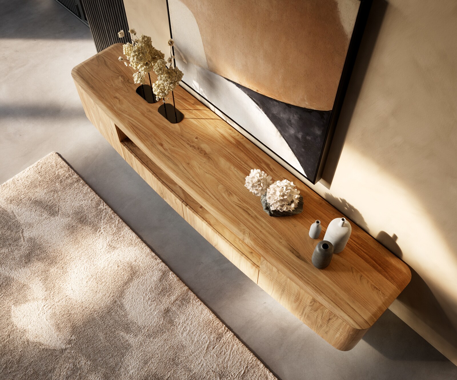 ТВ шкаф Nagaru 240 cm Acacia Aura 2 врати 2 чекмеджета 1 рафт Овална основа Неръждаема стомана 4