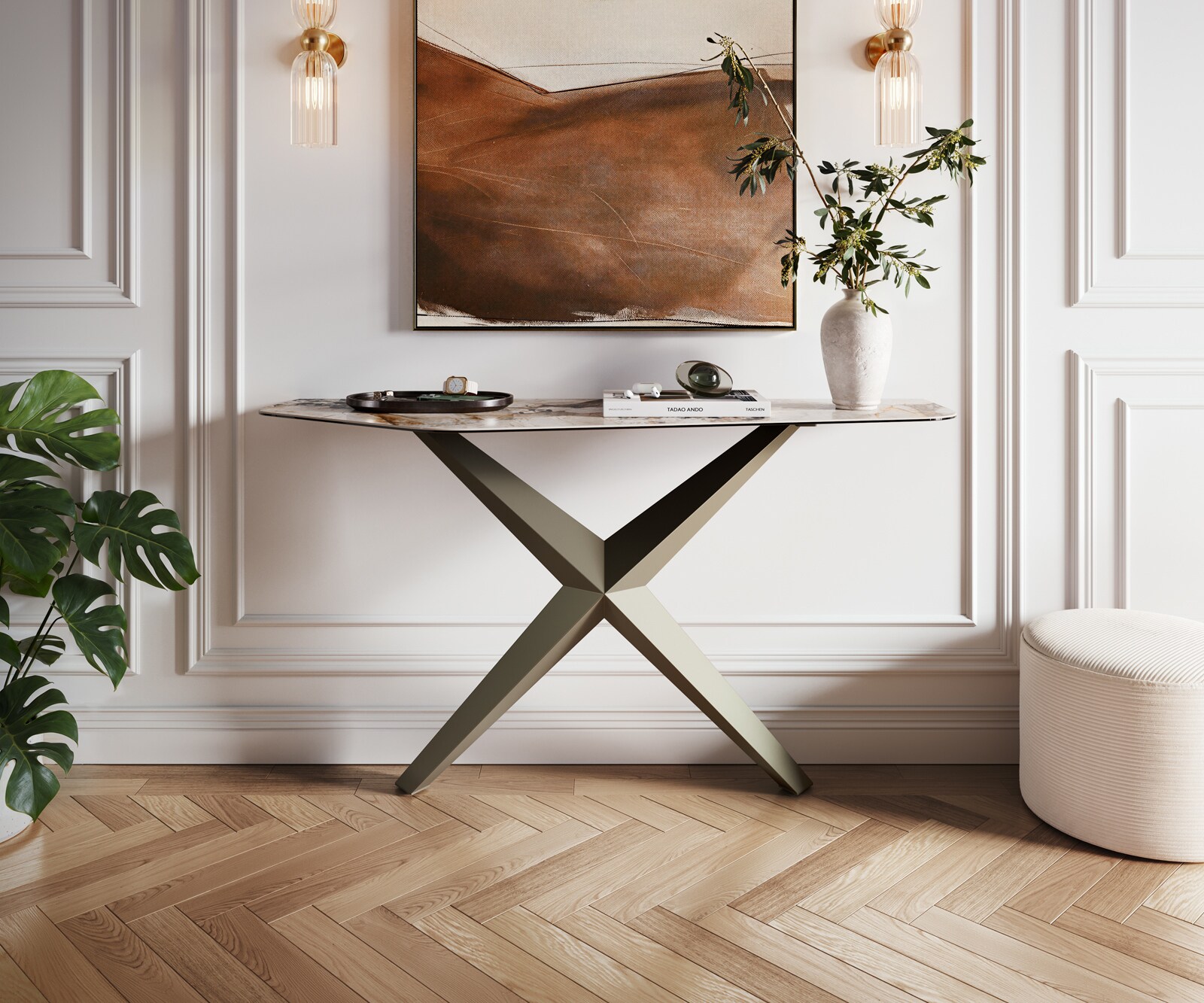 Конзолна маса Edge Polygonal 140x50 см, керамика Patagonia, полирана, Zentharo, метално покритие с ефект титан 1