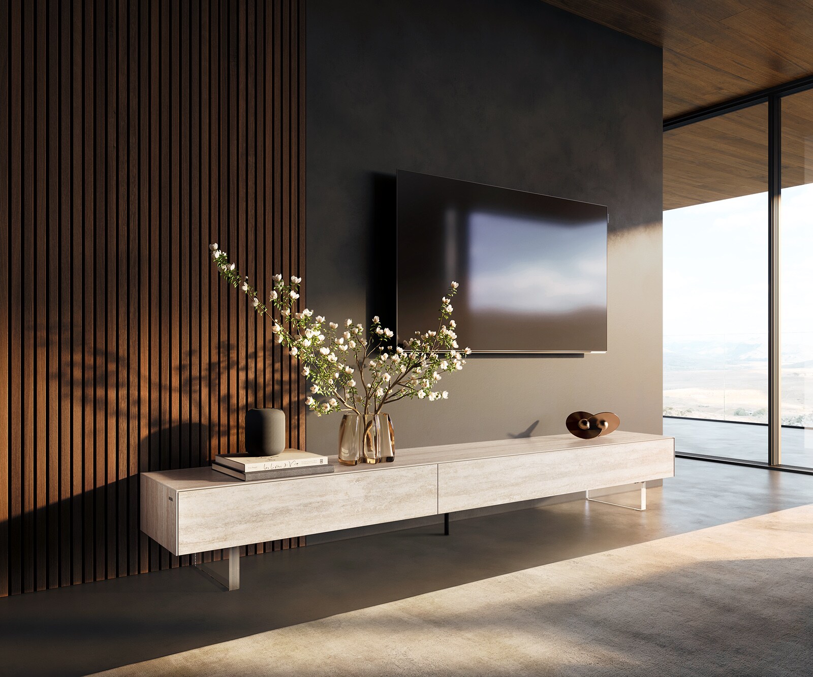 Ниска дъска Cuor 250 cm Керамичен ламинат® Travertino Bianco Крем-бяло 1 клапа 1 чекмедже Основа Плаващ вид акрилно стъкло