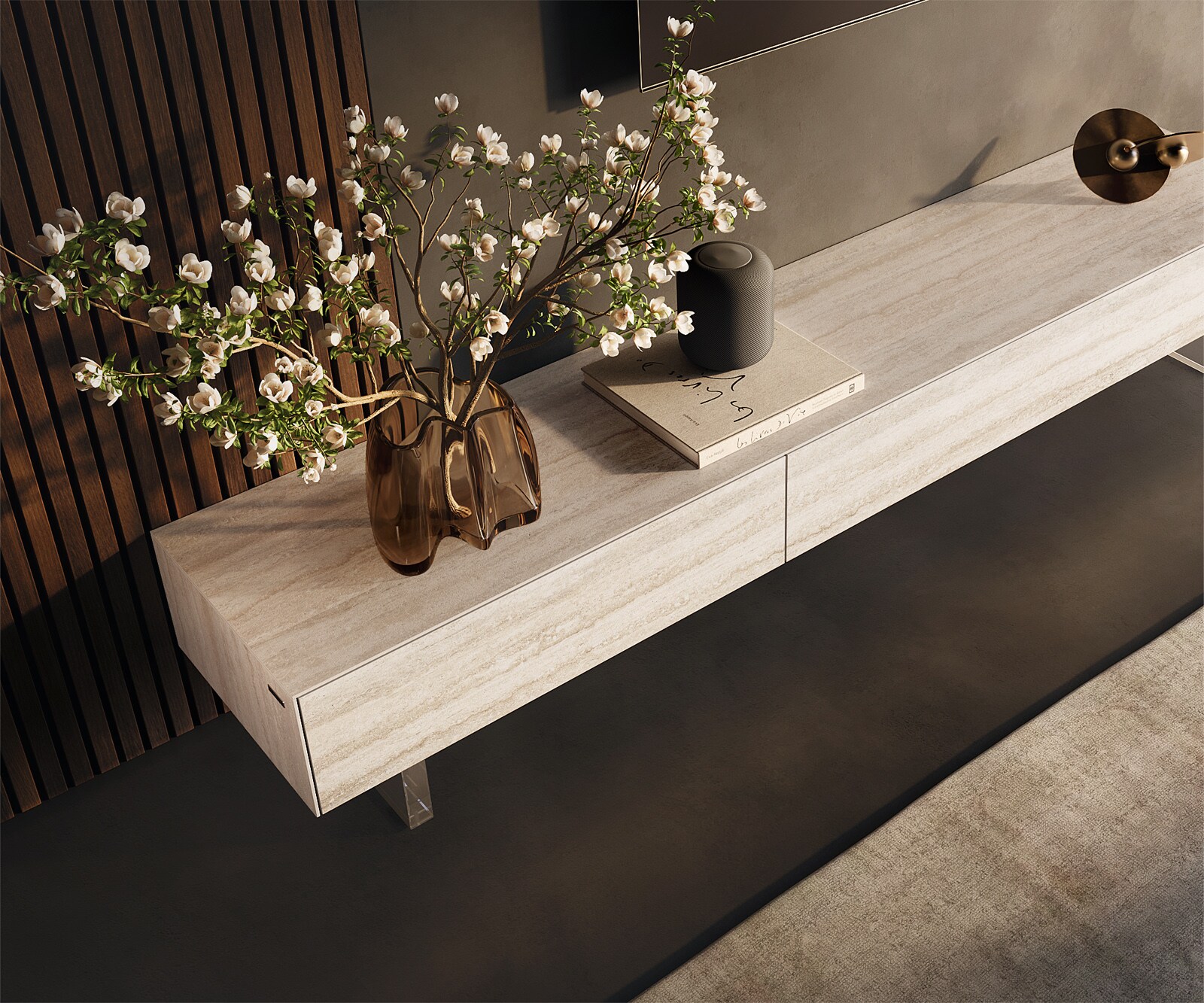 Ниска дъска Cuor 200 cm Керамичен ламинат® Travertino Bianco Крем-бяло 1 клапа 1 чекмедже Основа Плаващ вид акрилно стъкло 4