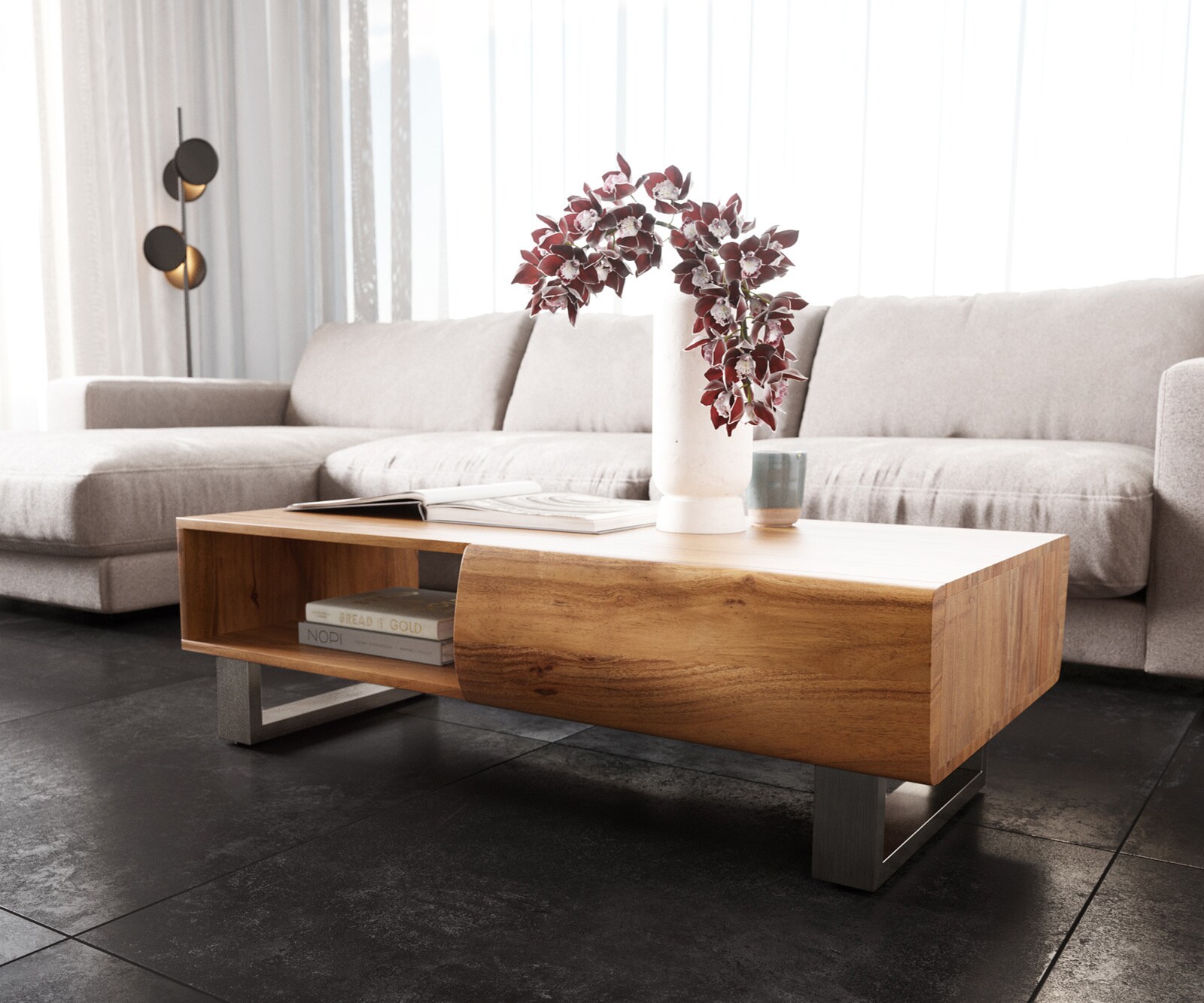 Масичка за кафе New Live-Edge 115x60 cm естествена акация 2 чекмеджета 1 рафт бегач матирана неръждаема стомана