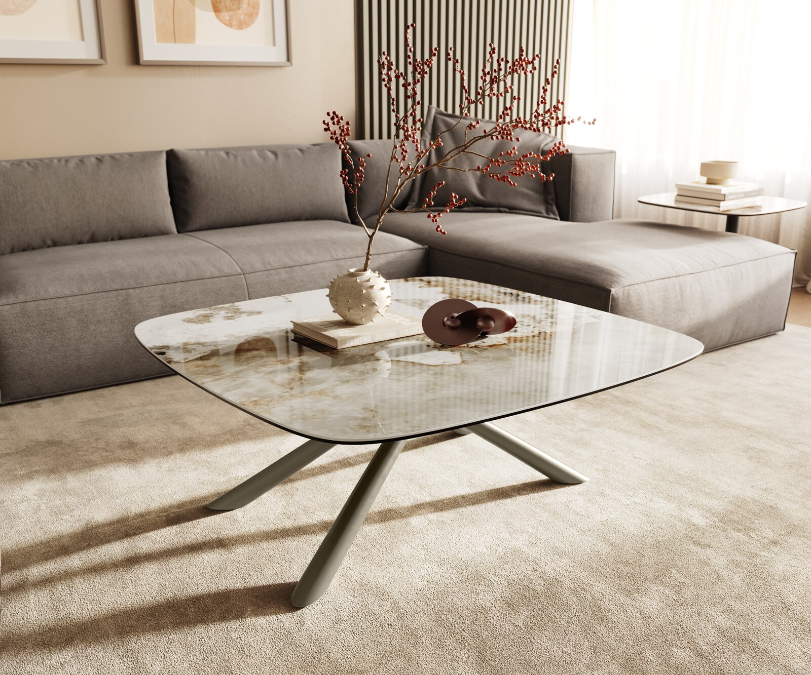 Масичка за кафе Edge Boot 90x90 cm керамика Minas Melange Sarity метален ефект покритие титан 1