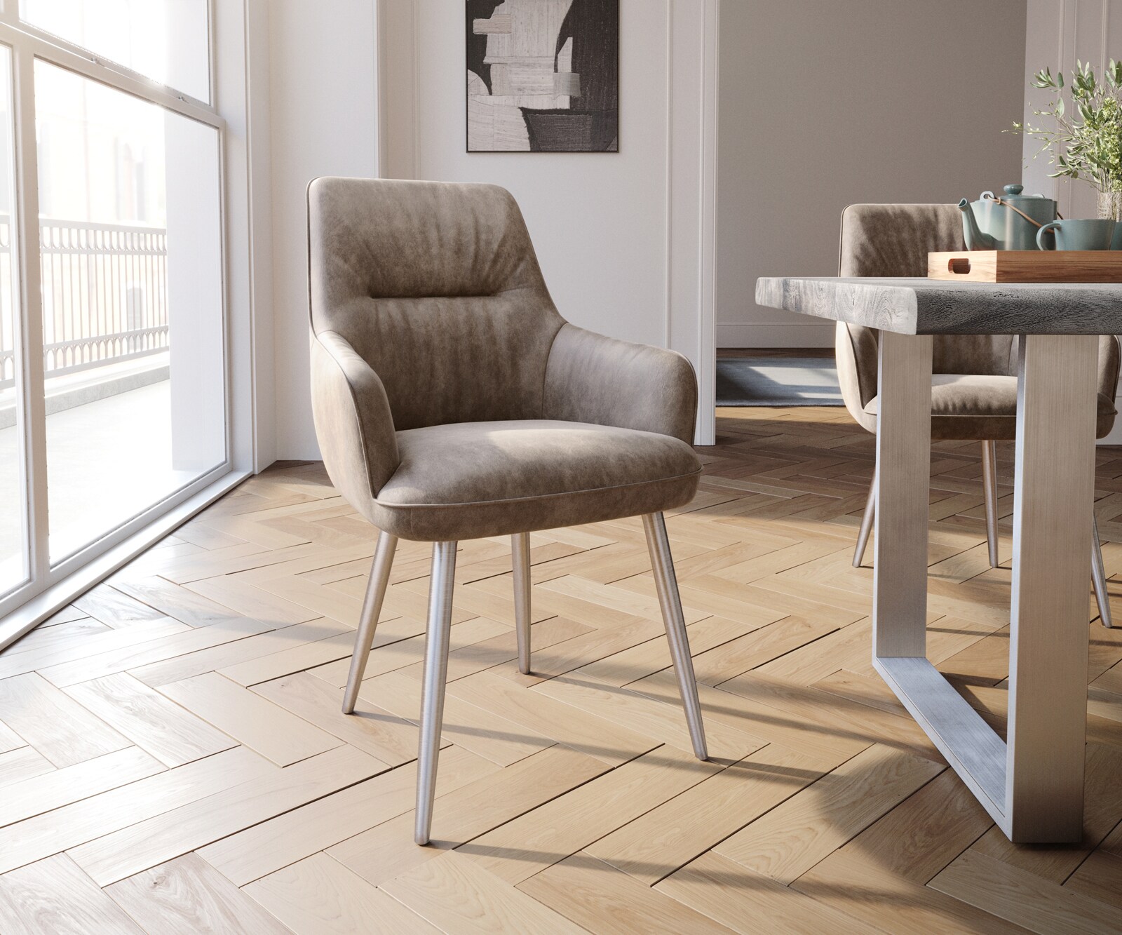 Стол с подлакътници Таупе Винтидж 4-крака Прави Неръждаема стомана  Покет пружина Zelia-Flex 1