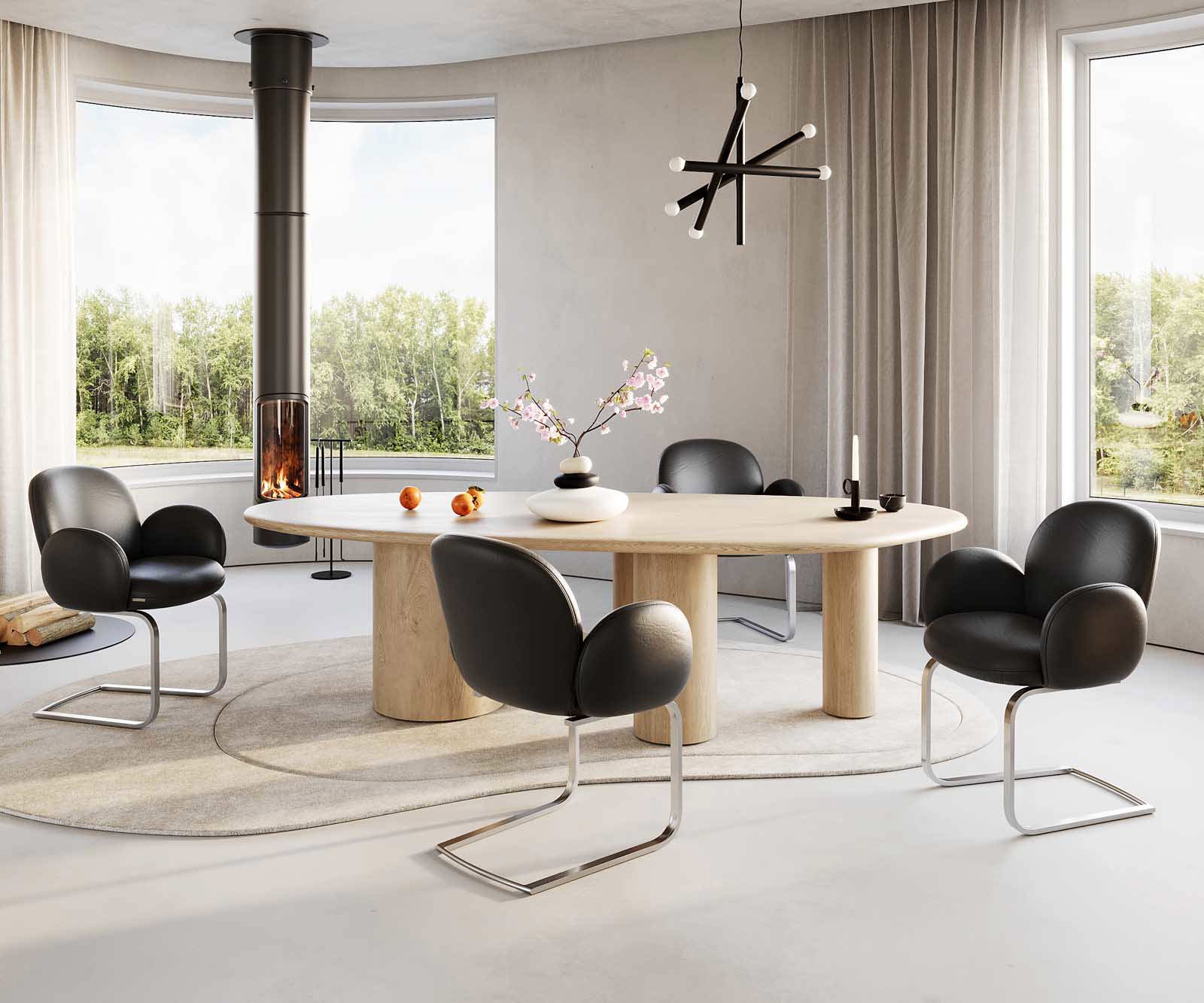 Люлеещ стол с подлакътници Естествена кожа Черен Конзолен крак плосък Неръждаема стомана Покет пружина Nube-Flex 5