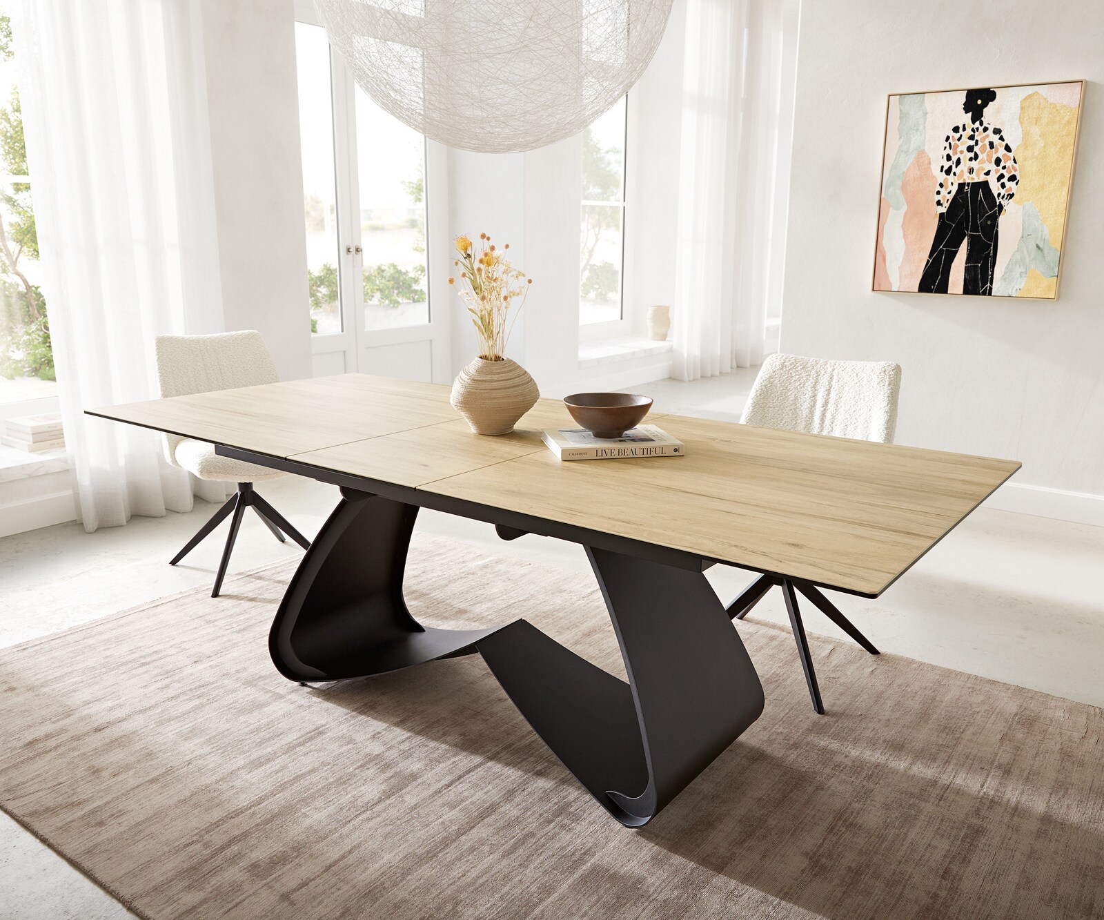 Разтегателна трапезна маса Edge 180-220х100 см Керамика Laminam® Sabbia цвят Дъб W-образна основа Черен 1