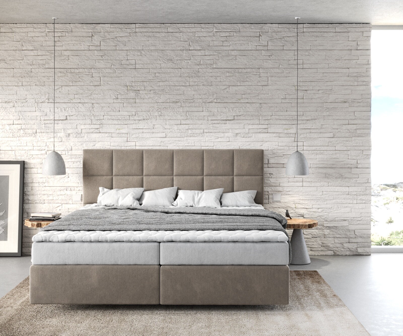 Легло Боксспринг 180x200 cm Микрофибър Бежов с Матрак и Топер Dream-Fine 1