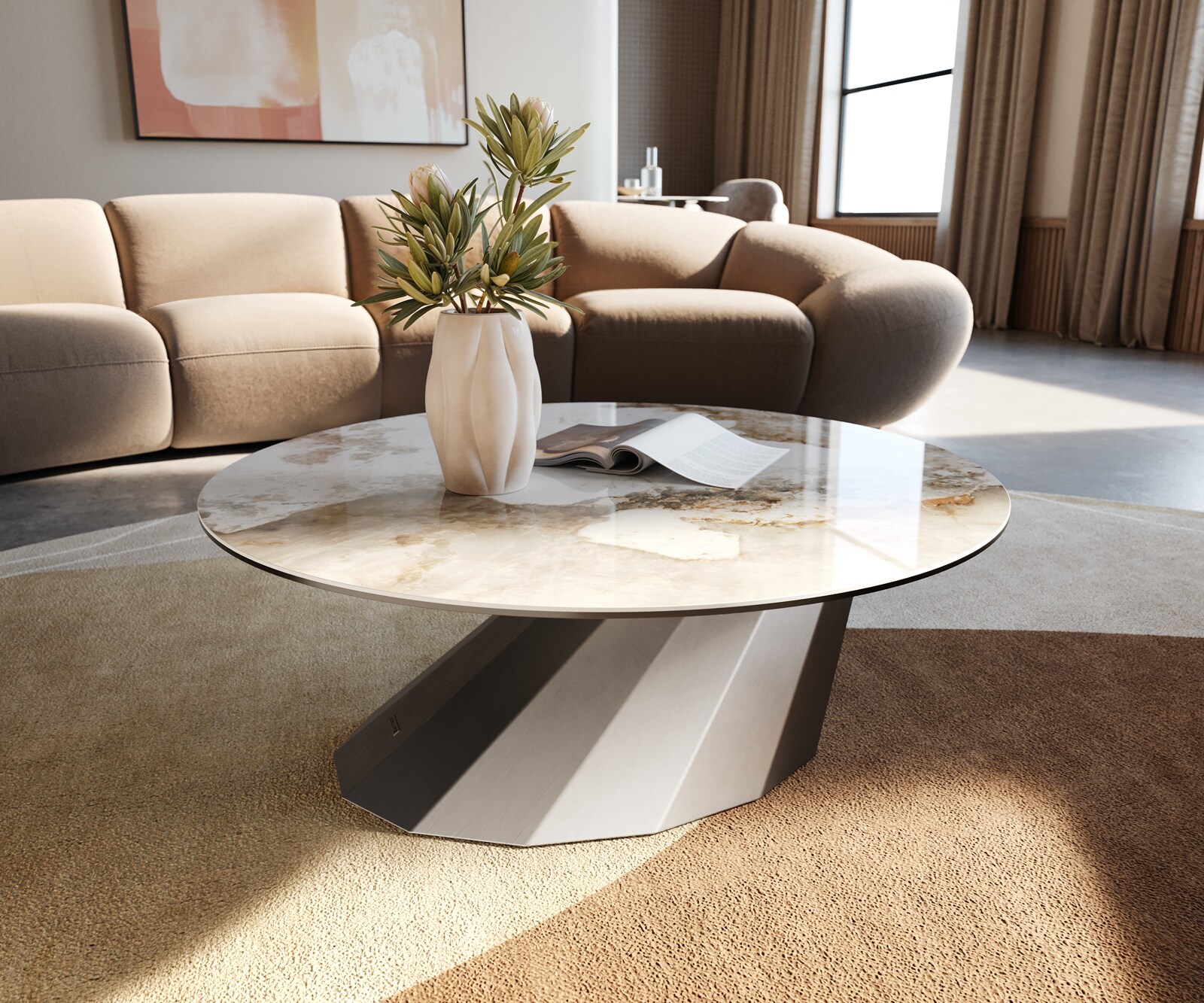 Кръгла масичка за кафе Edge 90x90 cm керамика Minas Melange Parabi матирана неръждаема стомана 1