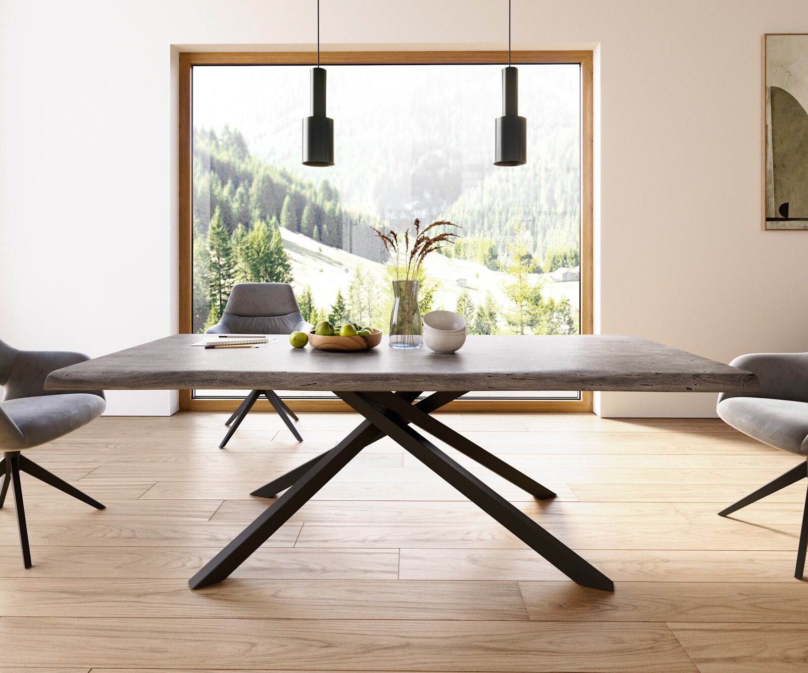 Трапезна маса Edge 220x100 XL от акация, платинен цвят, кръстообразна конструкция, правоъгълна, черна, с естествени ръбове 1