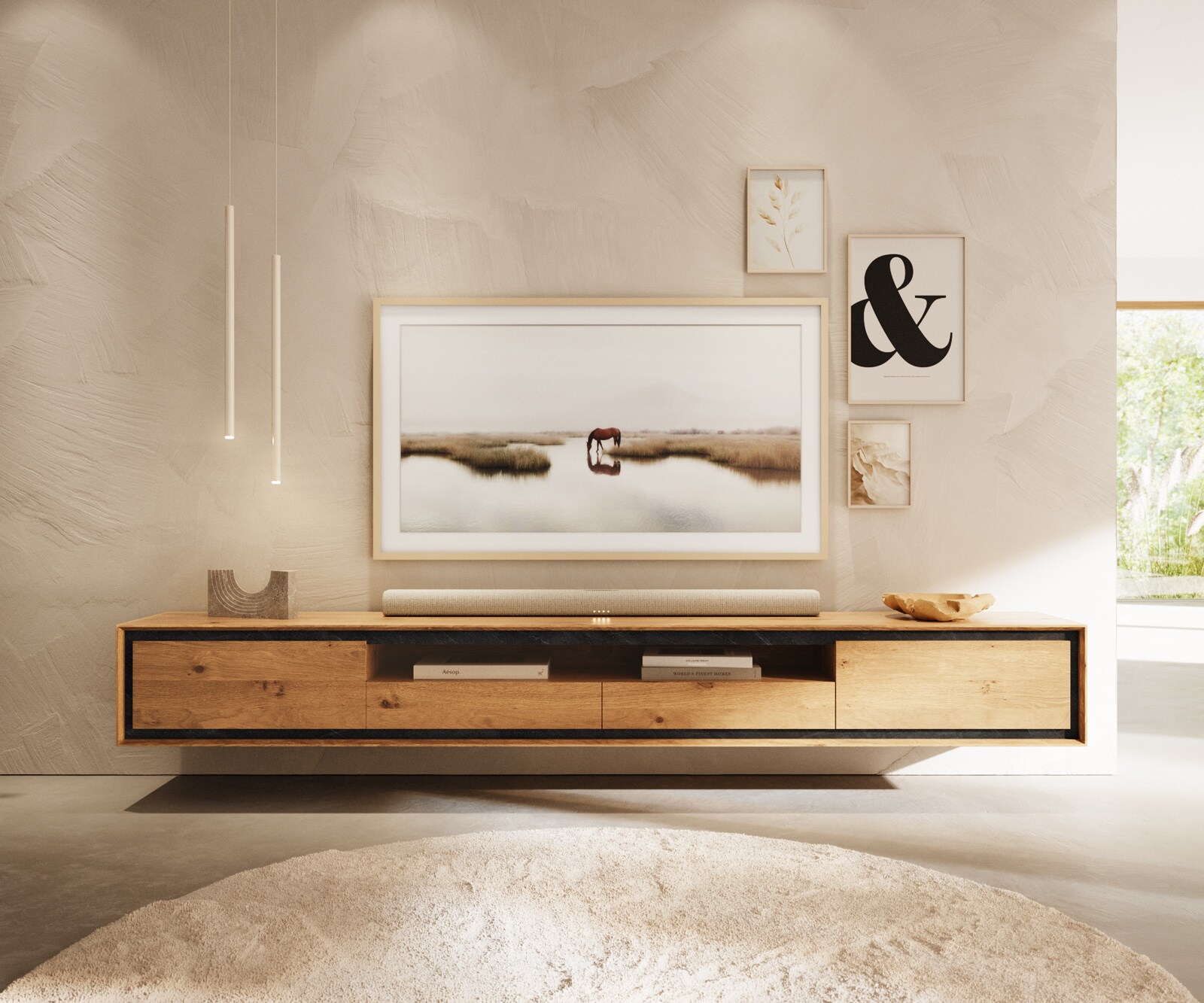Нисък плот Stonegrace 240 cm естествен дъб 2 врати 1 отделение 2 чекмеджета каменен фурнир Плаващ 1
