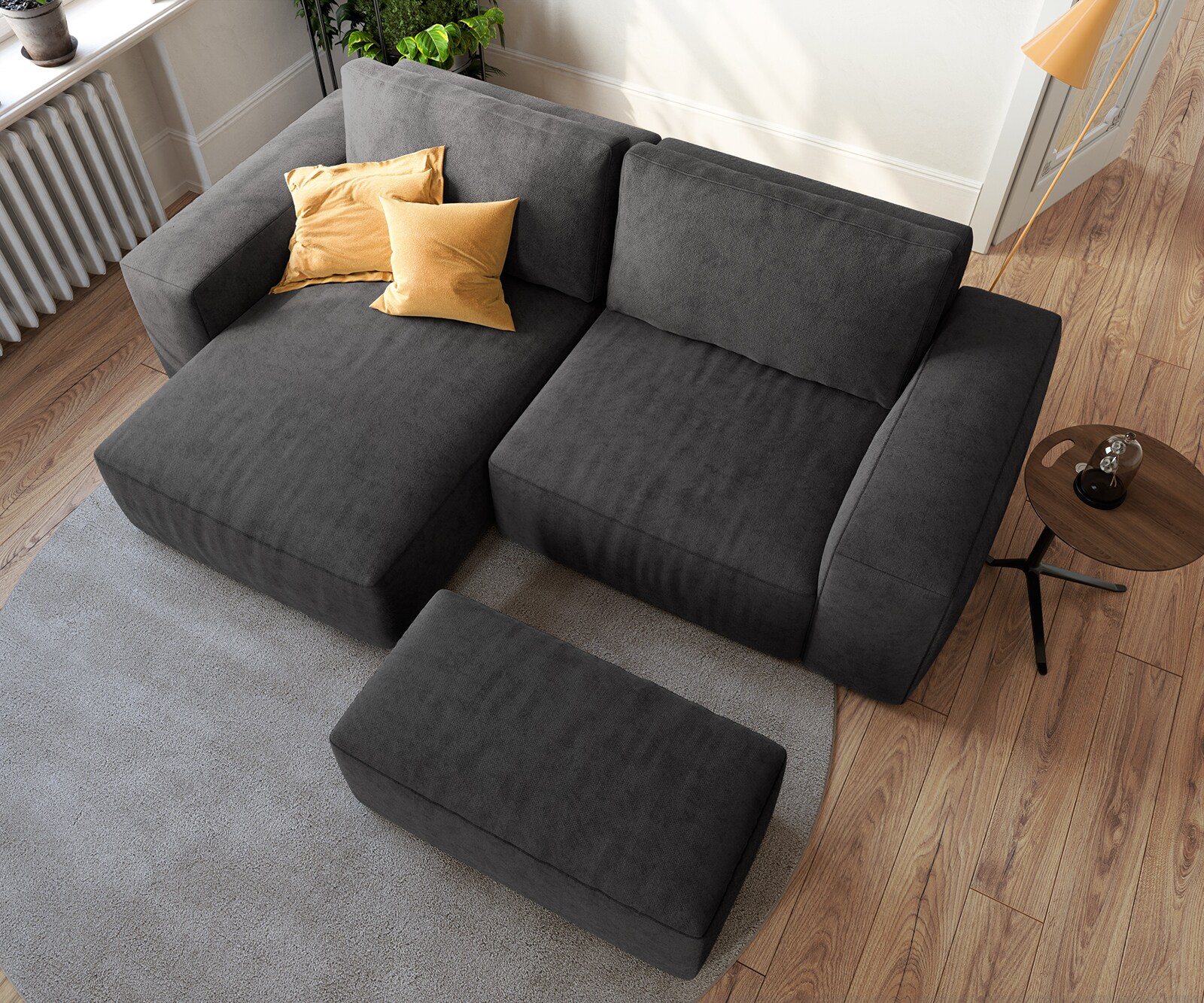 Ъглов диван  Lanzo L 230x155 см Микрофибър Черен, Лява/Дясна Лежанка, с табуретка 3