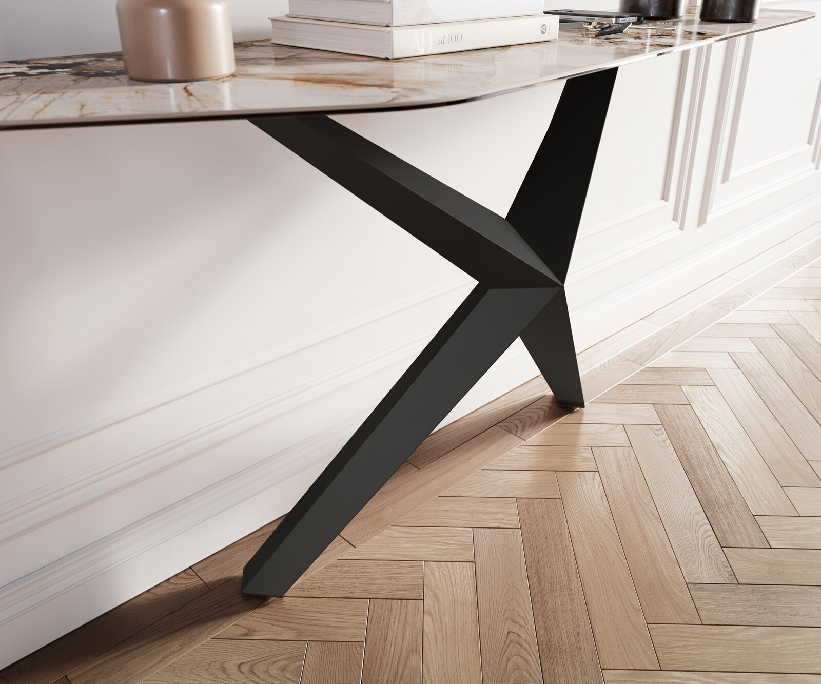 Конзолна маса Edge Polygonal 180x50 см, керамика Patagonia, полирана, Zentharo, метал, черна 6