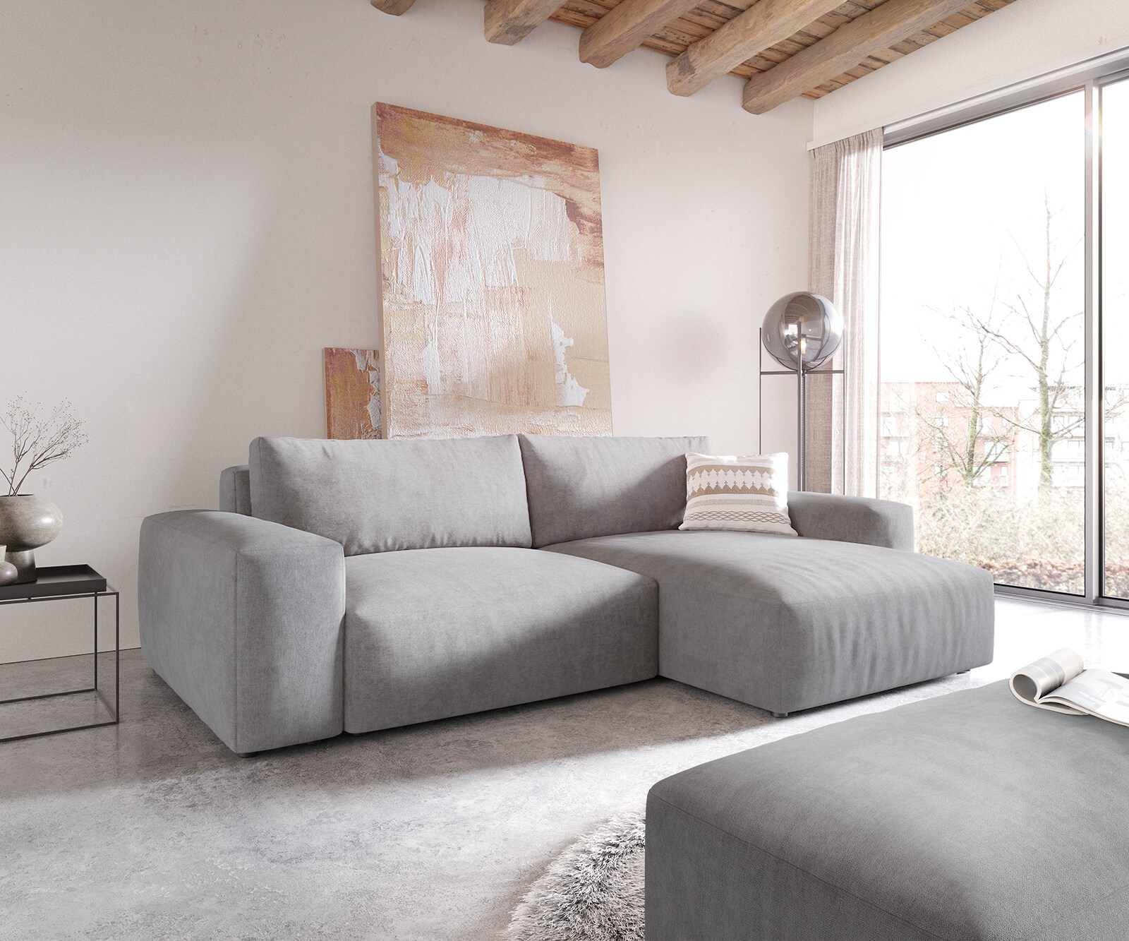 Ъглов диван Lanzo XL 270x180 см Микрофибър Сив, Лява/Дясна Лежанка, с табуретка