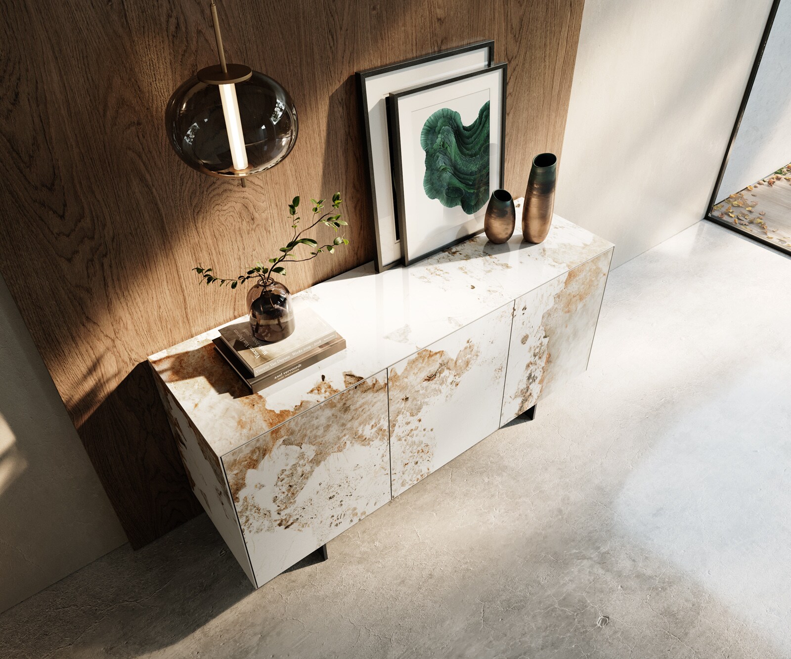 Шкаф Cuor 150 cm Керамичен Minas Melange Бяло-бежово 3 врати Основа Плаващ вид Метал Черно 4