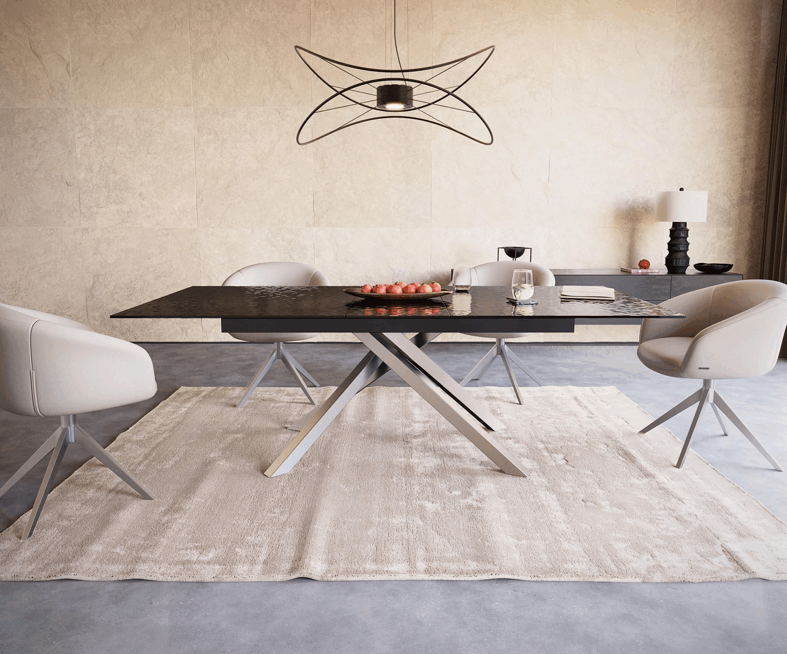 Маса 180-220x100 РелефноСтъкло ОпушеноЧерен 3D-Design КръстРамка Правоъгълник Неръждаема стомана разтегателна Edge 1