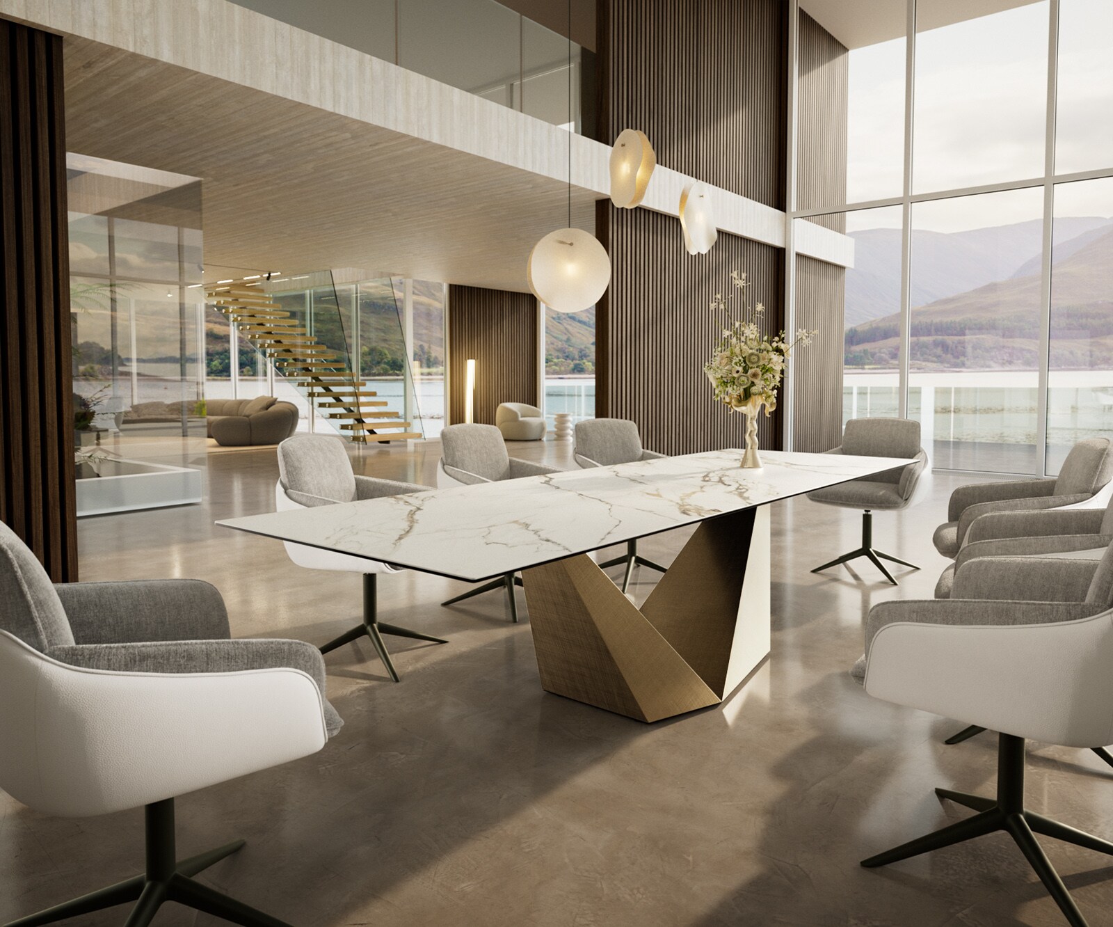 Трапезна маса Edge 300x100 керамика Calacatta Luxe бяло-златисто-сиво Prisma Metallic Gold 6