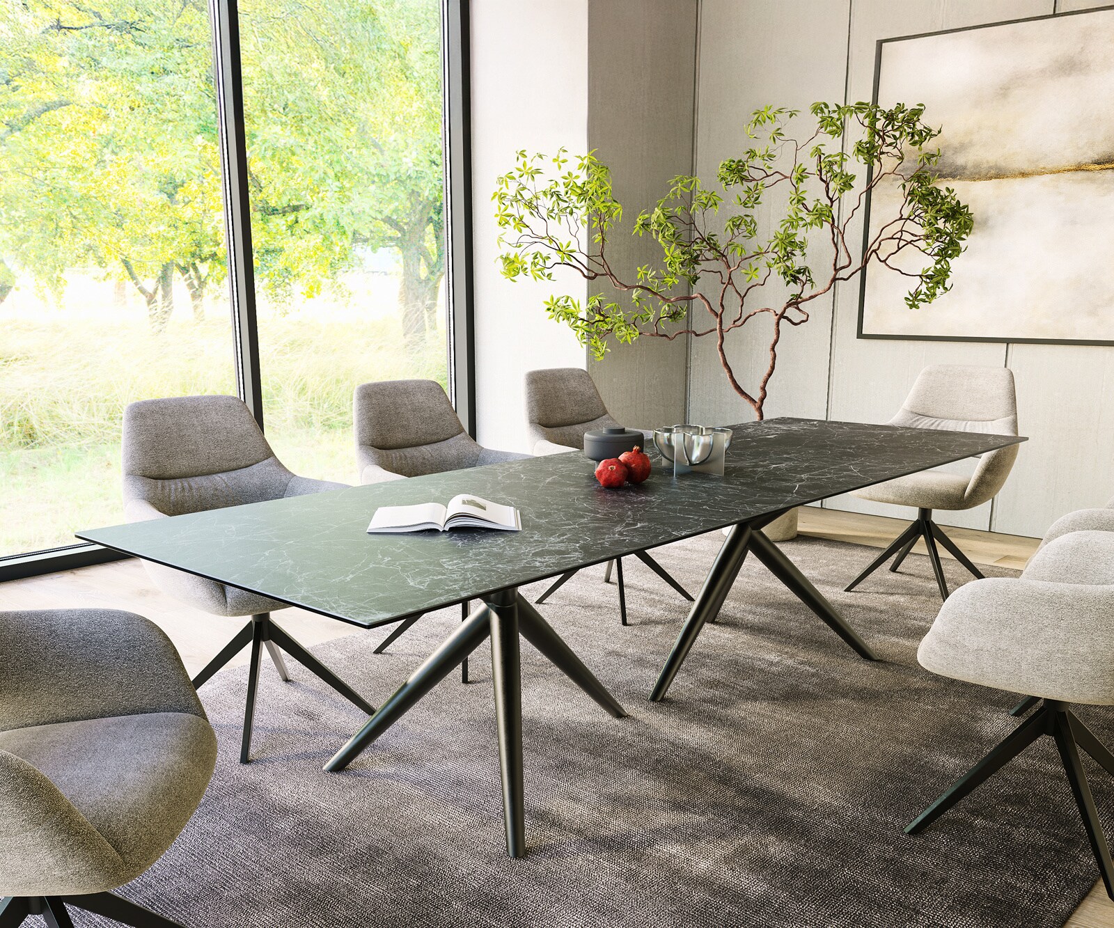 Трапезна маса Edge 300x100, керамика Laminam „®“, „Nero Greco“, „Anthrazit“, „Estelar“, кръгла, метал, черна