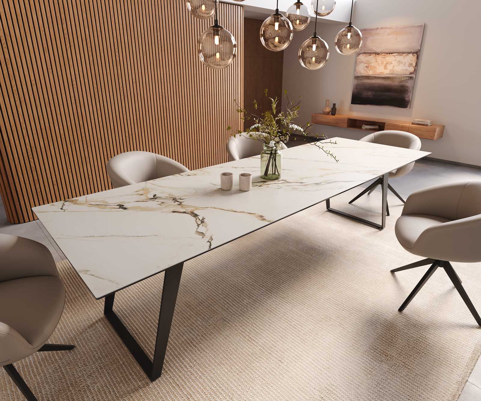 Маса 300x100 Keramik Calacatta Luxe Бял-Злато-Сив Метал под ъгъл Черен Edge