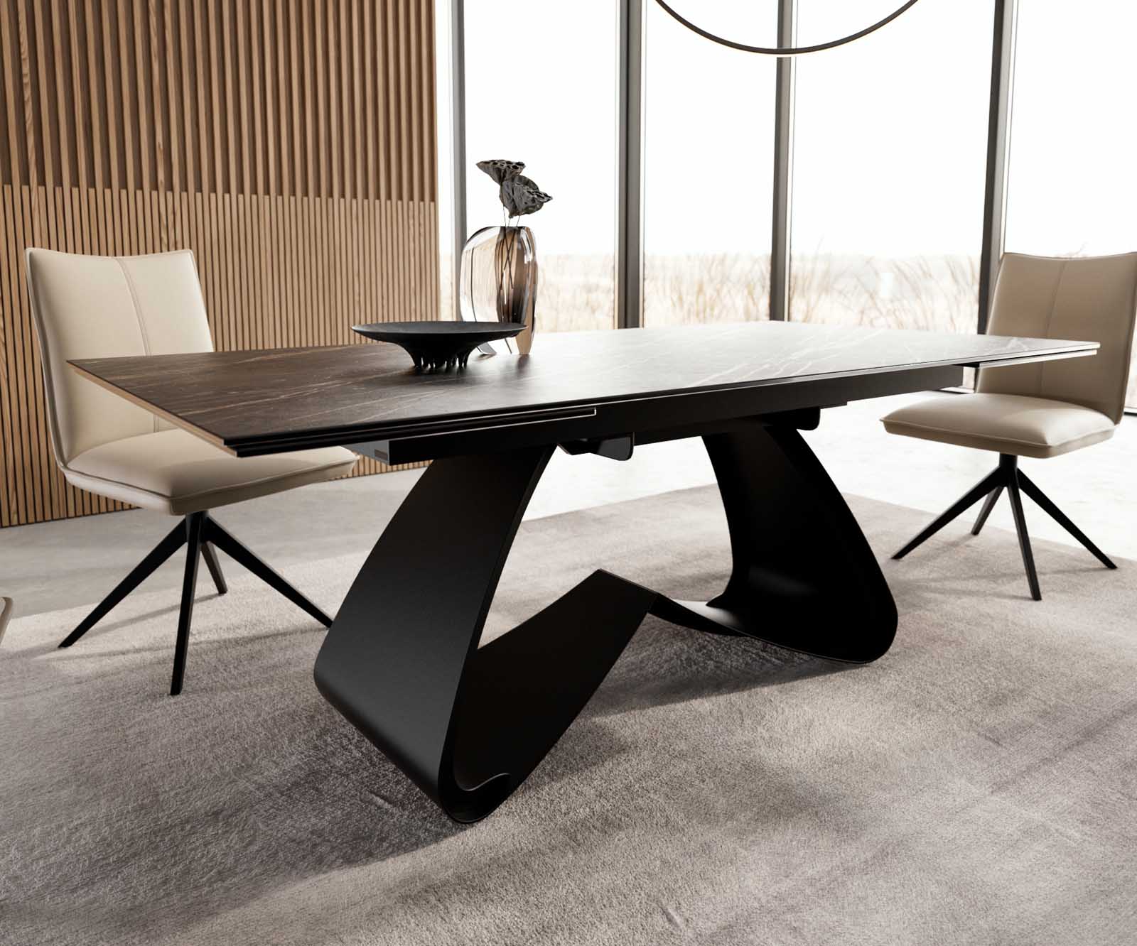 Разтегателна трапезна маса Edge 200-300х100 см Керамика Laminam®Noir Desir Тъмнокафяв W-образна основа Черен  6