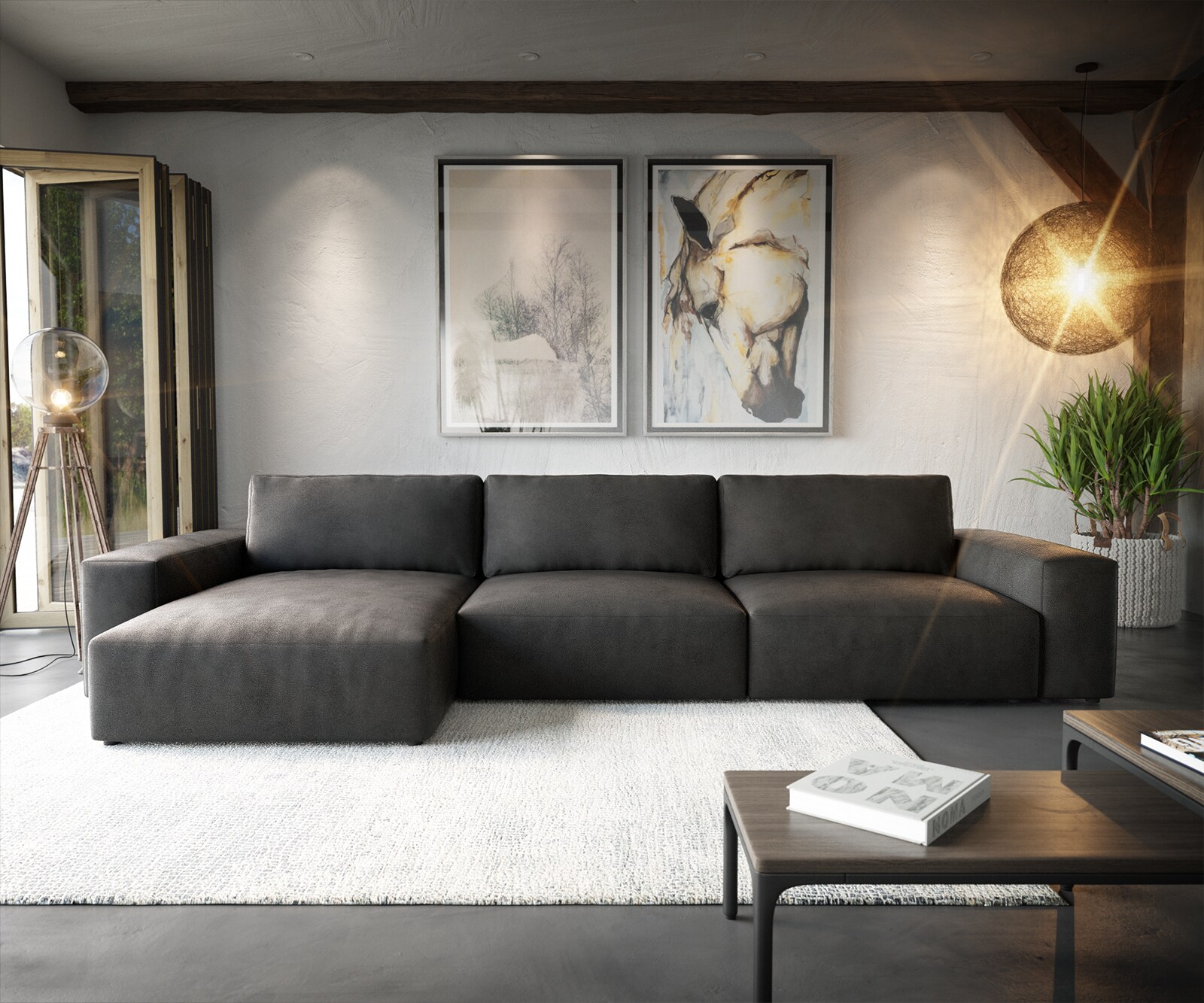 Ъглов диван Lanzo XL 380x180 см Имитация на кожа, Винтидж Антрацит, Лява/Дясна Лежанка 1