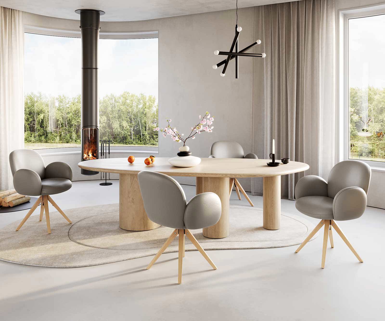 Врътящ се стол с подлакътници Естествена кожа Сиво-Кафяв Дървена рамка  Натурал 180° въртящ се Покет пружина Nube-Flex 5