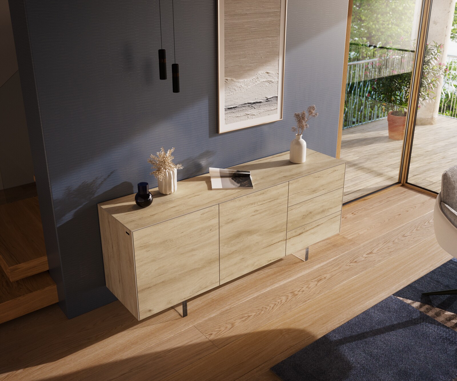Бюфет Cuor 180 см Керамика Laminam® Sabbia Дъбов цвят 2 врати 3 чекмеджета Основа Акрилно стъкло 4
