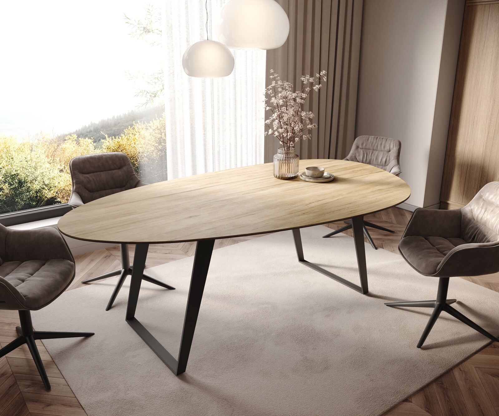 Трапезна маса Edge Oval 220x120 см, керамика Laminam „®“, цвят „Sabbia“ (в цвят на дъб), метал, наклонена, черна 1