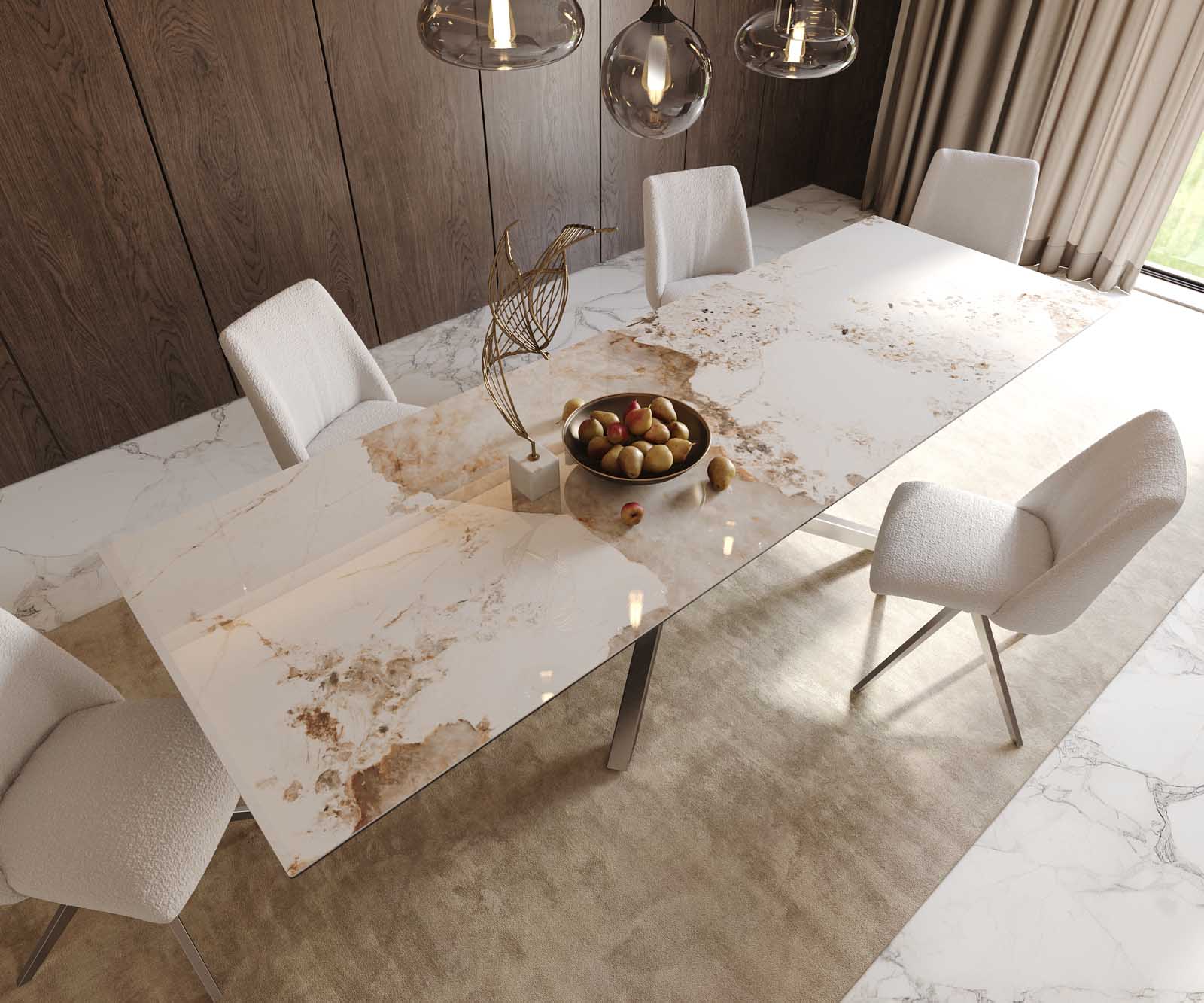 Трапезна маса Edge 300x100, керамика „Minas Melange“ (бяло-бежово), кръстообразна рамка, правоъгълна, неръждаема стомана 6