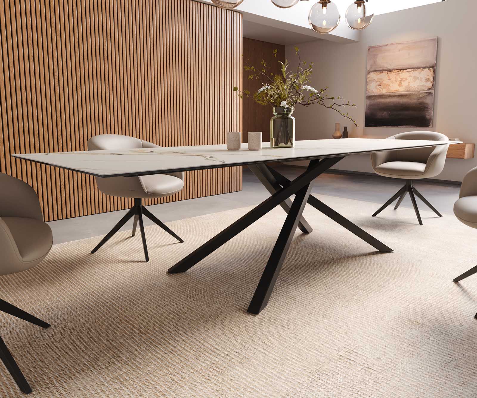 Трапезна маса Edge 300x100, керамика Calacatta Luxe, бяло-златно-сиво, кръстообразна рамка, правоъгълна, черна 7