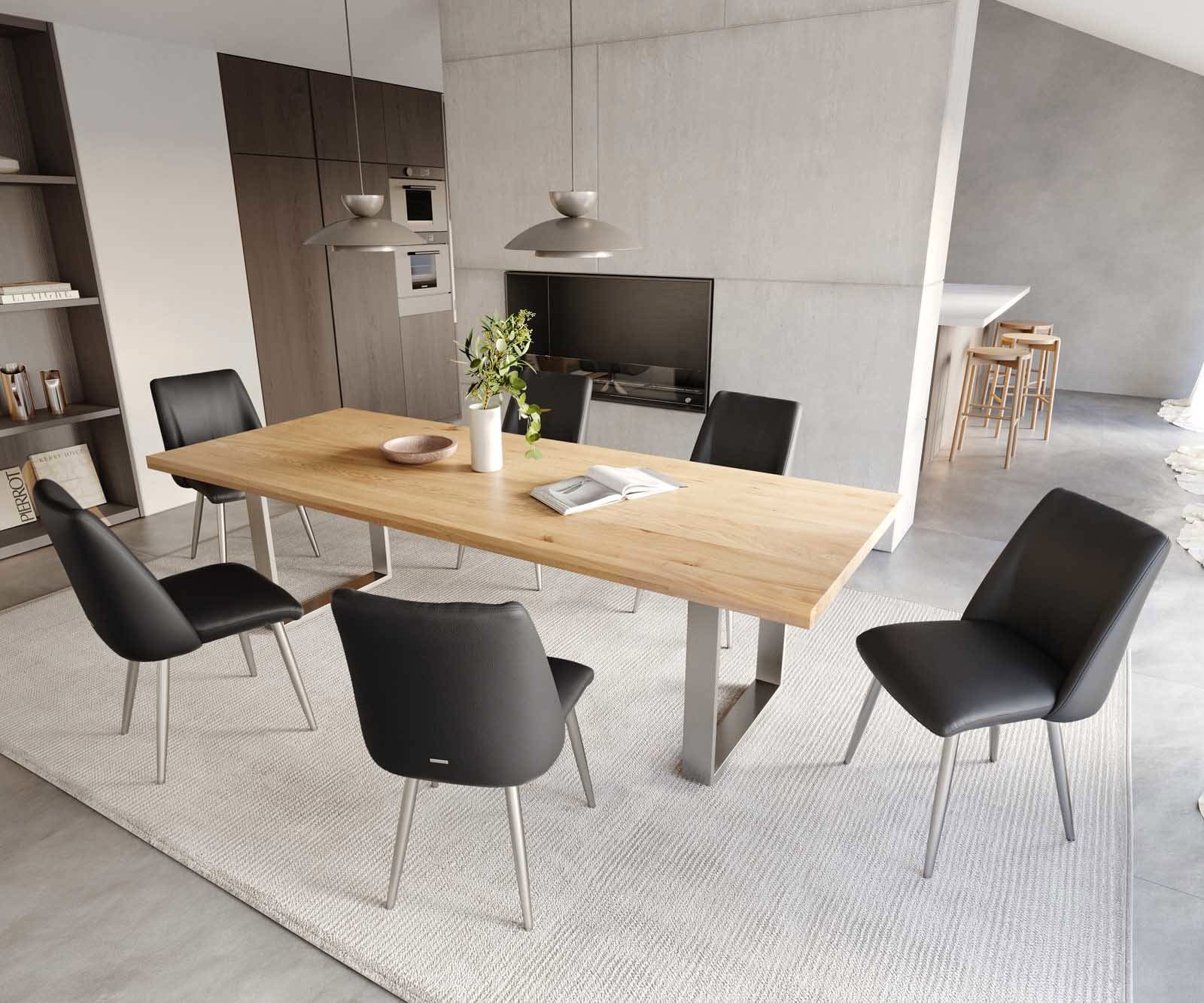 Трапезен стол Естествена кожа Черен 4 крака конични Неръждаема стомана Покет пружина Elso-Flex 4 Трапезен стол Естествена кожа Черен 4 крака конични Неръждаема стомана Покет пружина Elso-Flex 4