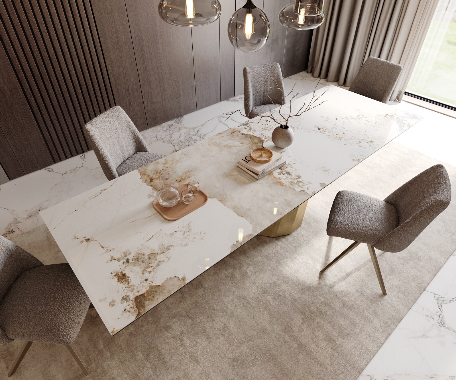 Трапезна маса Edge 300x100 керамика Minas Melange бяло-бежово Parabola металик злато 4