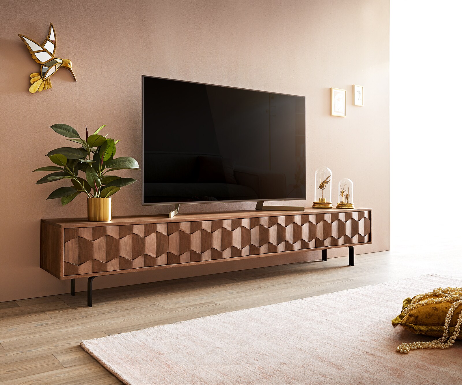 ТВ шкаф Fevo 220 cm Масив Акация, 4 Врати, Г-Крак, Кафяв