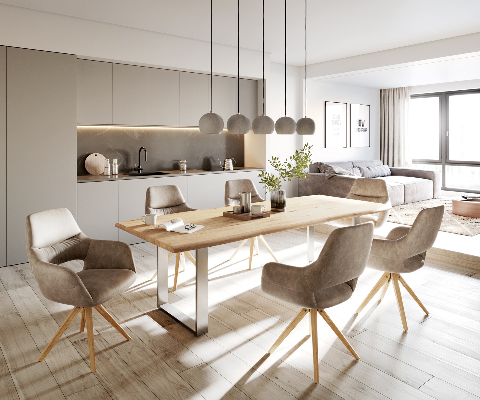 Трапезна маса Edge 260x100x2,5-3, естествен дъб, неръждаема стомана, тясна, с естествена ръба 5