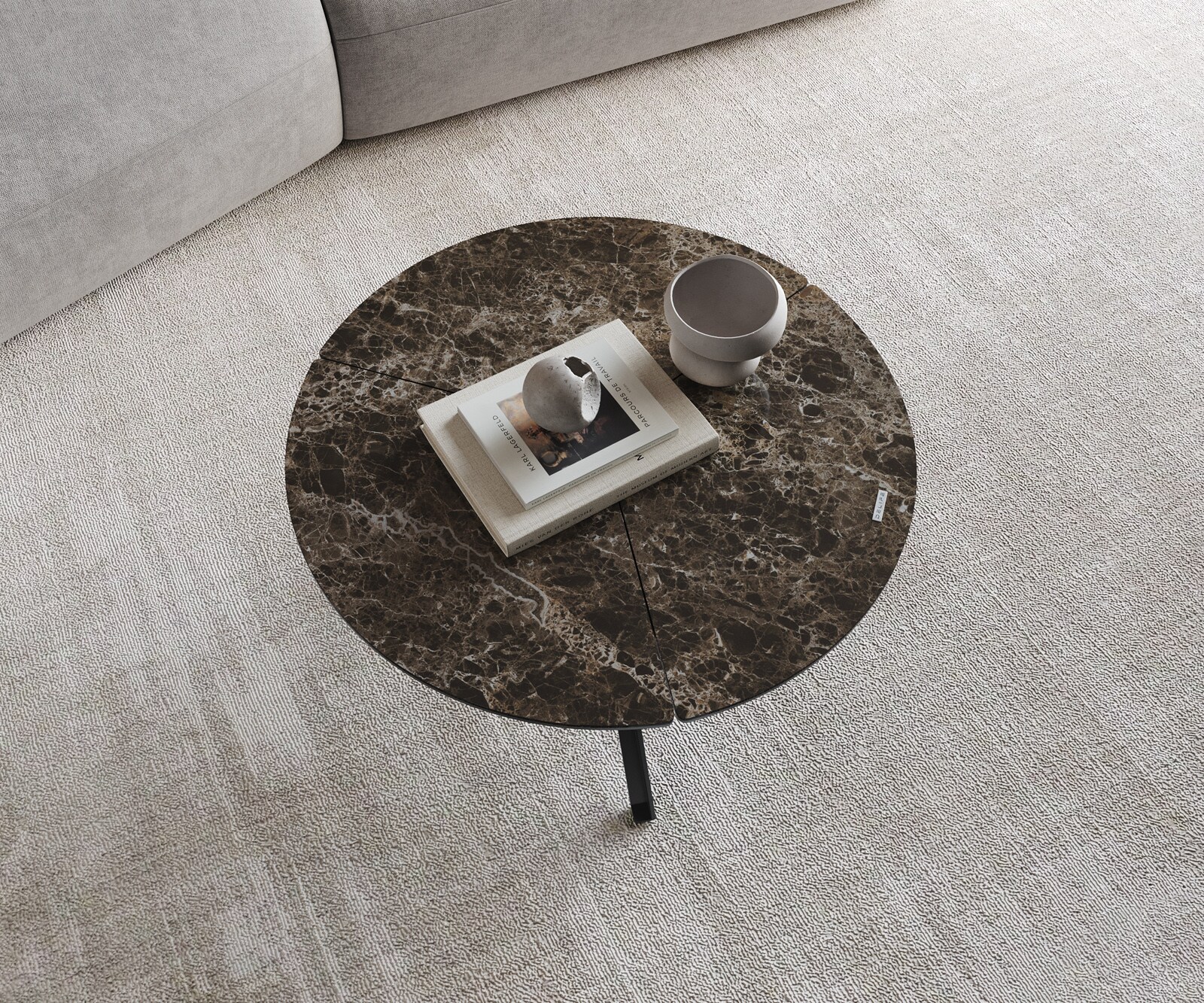 Масичка за кафе Delron 70x70 cm керамика Laminam®Emperador Extra Lucidato Тъмно кафяво Кръстосана основа Плосък метал Черен 3