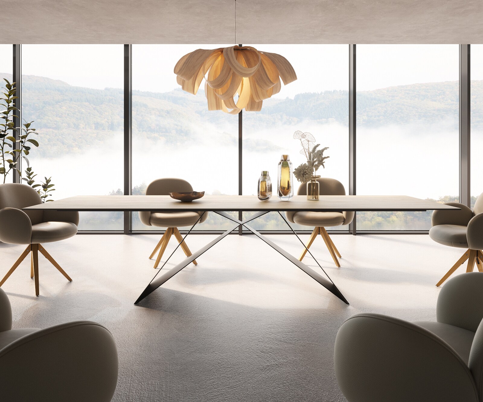 Маса 300x100 Keramik Laminam® Sabbia Дъбцвят V-Рамка плоска стомана Черен Edge 1