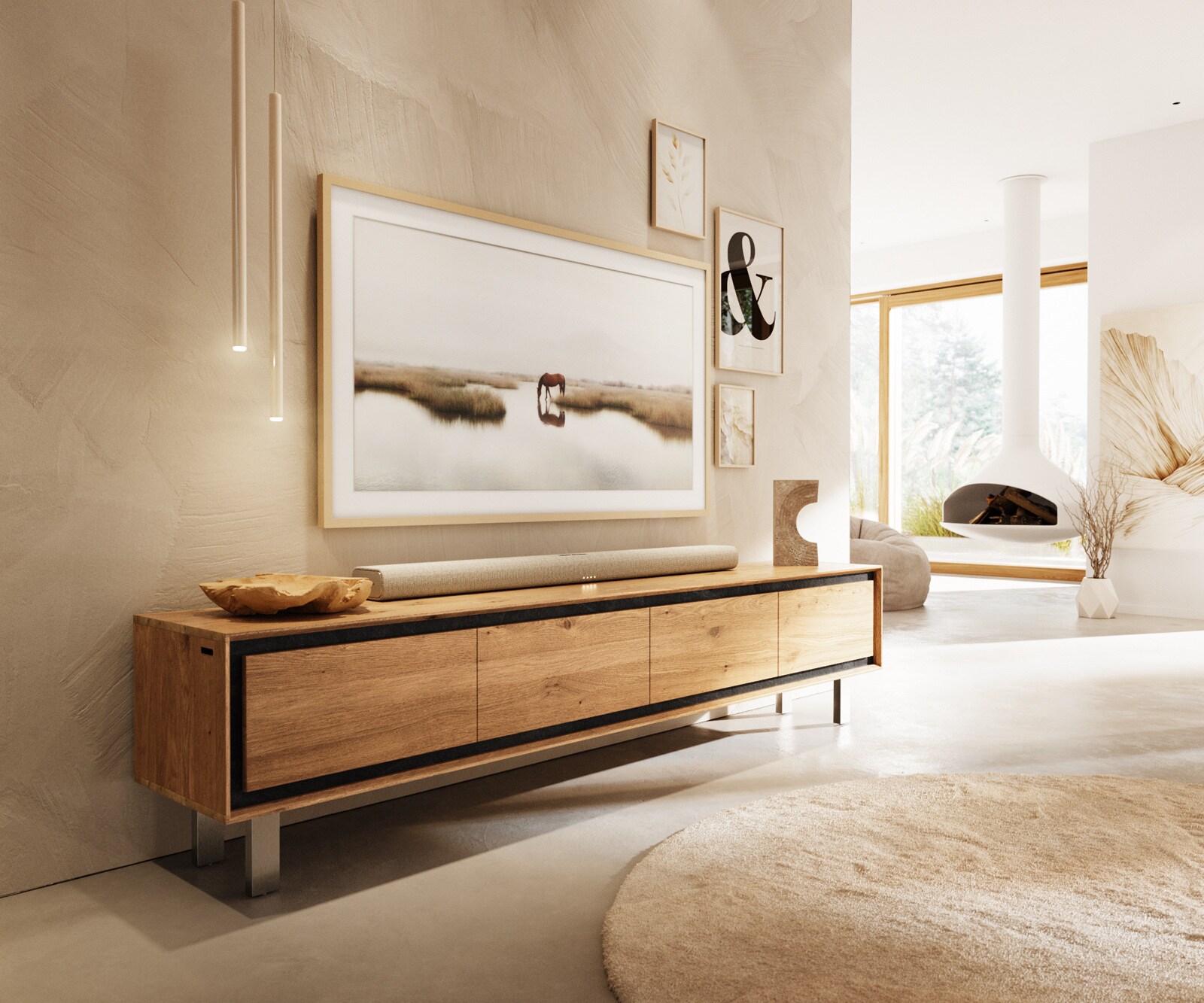 Ниска шкаф Stonegrace 200 cm естествен дъб 4 врати квадратна основа от неръждаема стомана 1