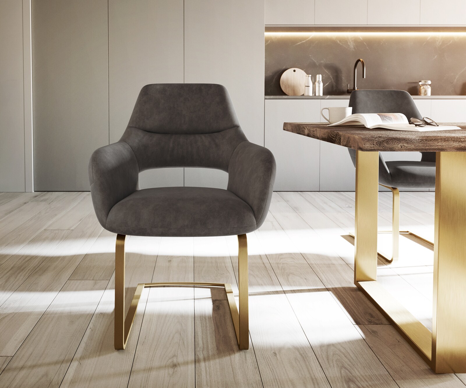 Люлеещ стол с подлакътници Антрацит Винтидж Конзолен крак плосък Злато Yago-Flex 1