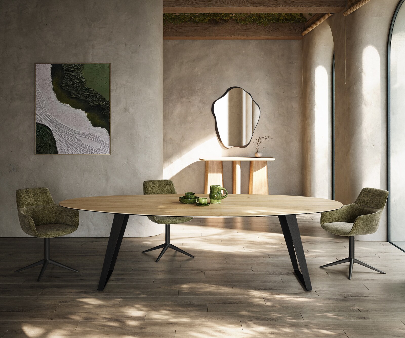 Трапезна маса Edge Oval 280x130 см, керамика Laminam „®“, цвят „Sabbia“ (в цвят на дъб), метал, наклонена, черна 2