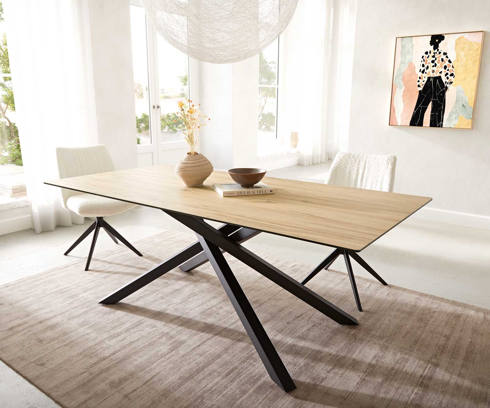 Маса 200x100 Keramik Laminam® Sabbia Дъбfarbig КръстРамка Правоъгълник Черен Edge 1