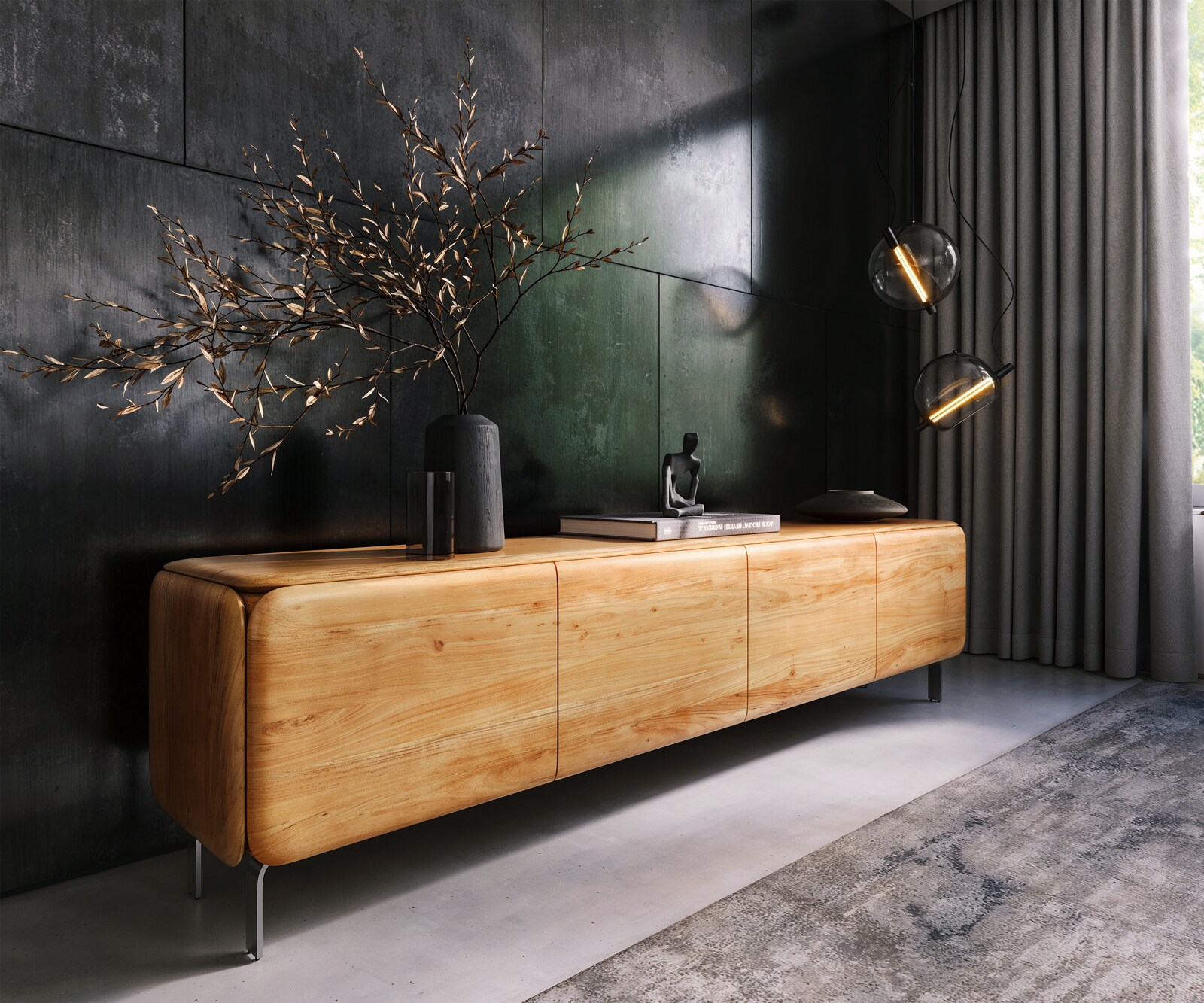 Нисък шкаф Shavani 220 см естествена акация, 4 врати, L-крак от неръждаема стомана сребро