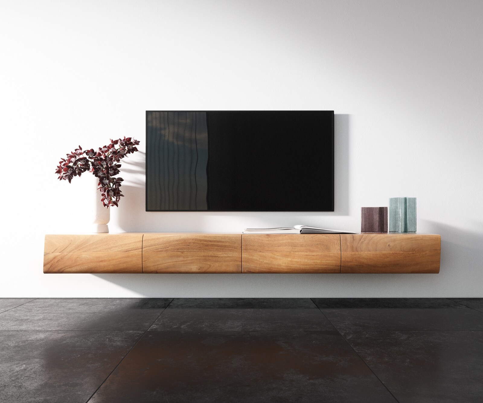 Стенен ТВ шкаф New Live-Edge 200 cm, Естествен ръб, Масив Акация, 4 Врати, Натурален цвят 3