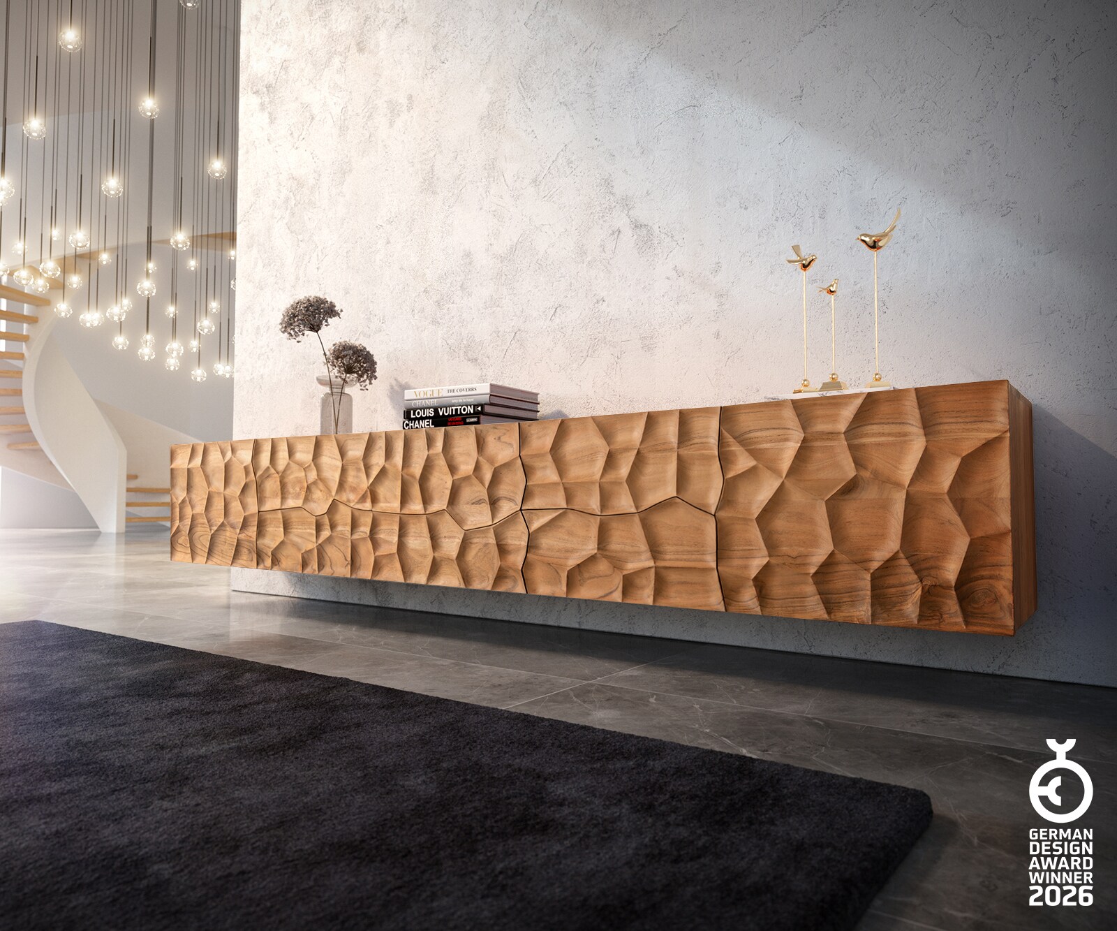 ТВ шкаф 260 cm Акация Натурал 2 Врати 6 Чекмеджета висящ 3D-Front Solu