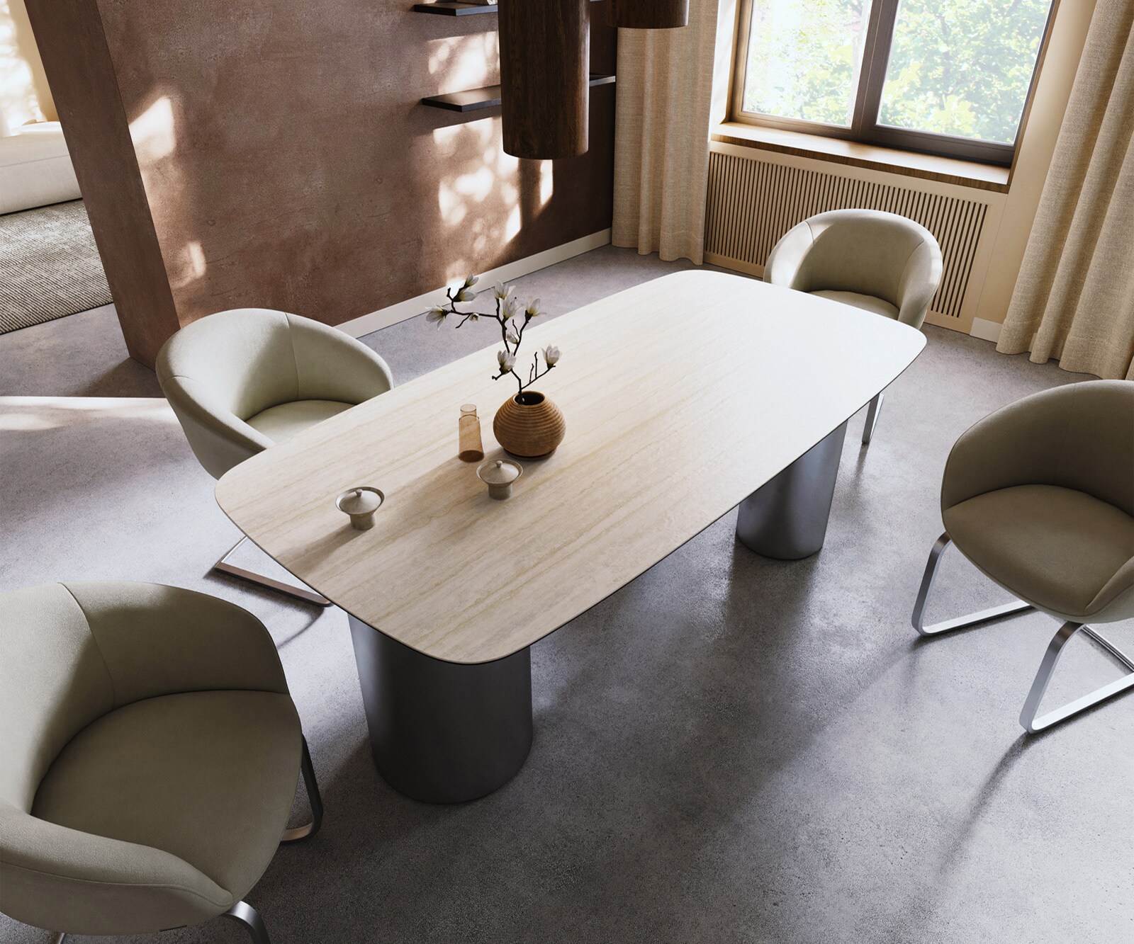 Трапезна маса Edge Boot 200x100, керамика Laminam „®“, Travertino Bianco (кремаво-бял), Troa, неръждаема стомана с матирана повърхност 1