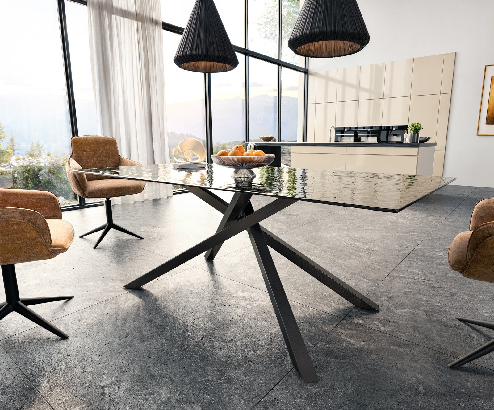 Трапезна маса Edge 200x100 релефно стъкло пушено черно 3D дизайн кръстосана рамка правоъгълник черно 4