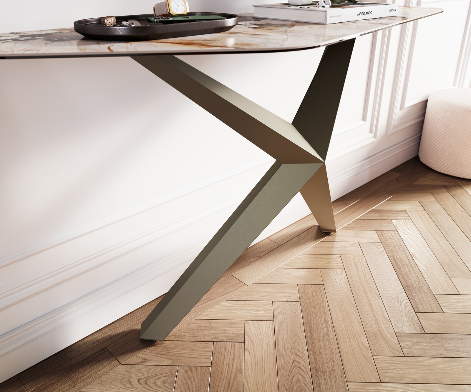 Конзолна маса Edge Polygonal 140x50 см, керамика Patagonia, полирана, Zentharo, метално покритие с ефект титан 6