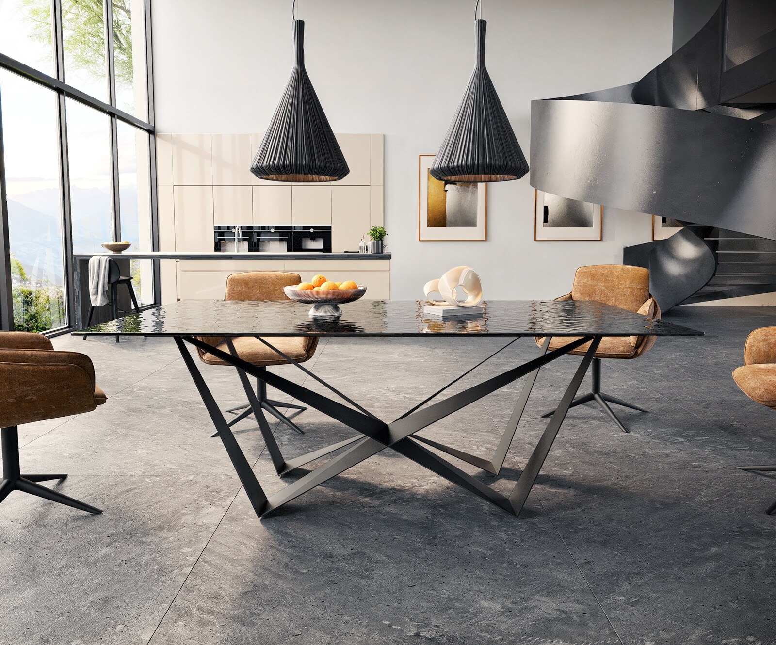 Трапезна маса Edge 200x100 Relief стъкло опушено черно 3D дизайн Spider плоска стомана черно 1 Трапезна маса Edge 200x100 Relief стъкло опушено черно 3D дизайн Spider плоска стомана черно 1